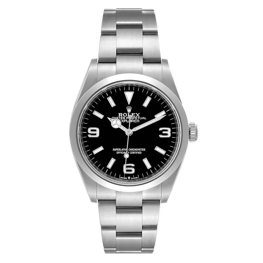 Rolex Explorer I Black Dial Stainless Steel Mens Watch 124270 Unworn. Officially certified chronometer automatic self-winding movement. Stainless steel case 36.0 mm in diameter. Rolex logo on the crown. Stainless steel smooth bezel. Scratch
