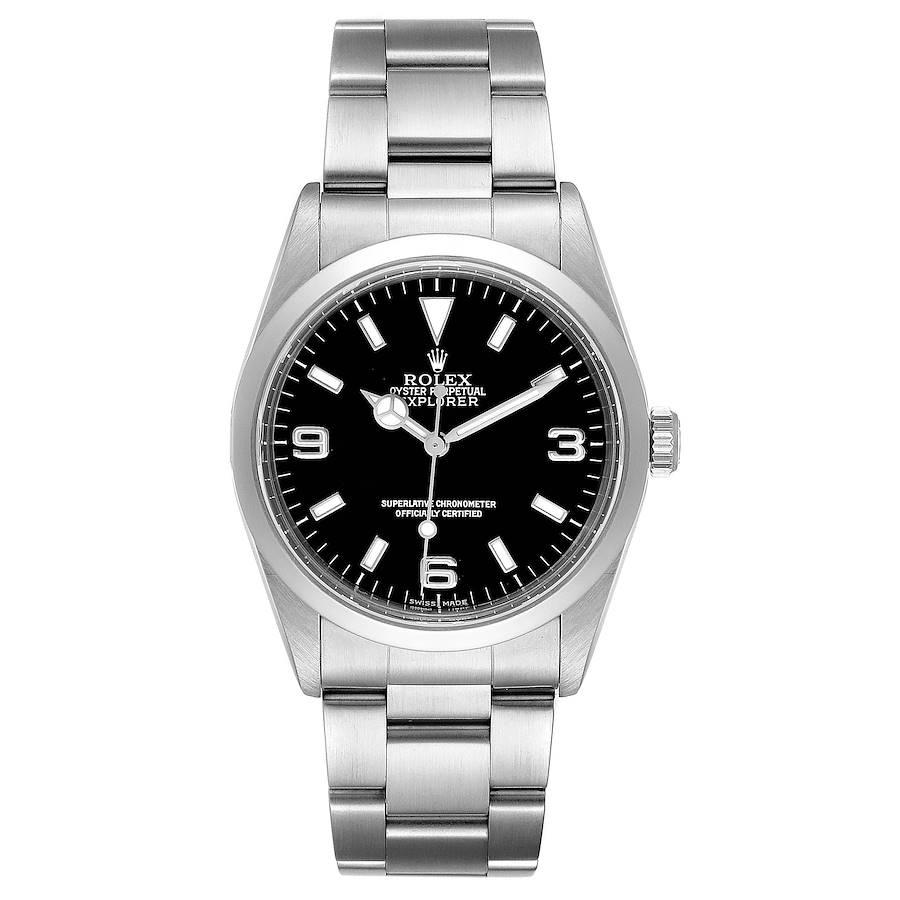Rolex Explorer I Schwarzes Zifferblatt Edelstahl Herrenuhr 14270. Offiziell zertifiziertes Chronometerwerk mit automatischem Aufzug. Gehäuse aus Edelstahl mit einem Durchmesser von 36,0 mm. Rolex-Logo auf einer Krone. Glatte, gewölbte Lünette aus