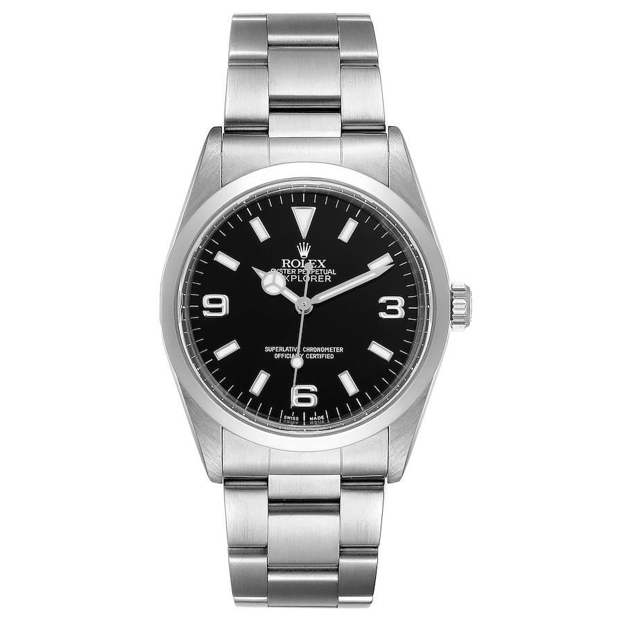 Rolex Explorer I Black Dial Stainless Steel Mens Watch 14270. Officially certified chronometer self-winding movement. Stainless steel case 36.0 mm in diameter. Rolex logo on a crown. Stainless steel smooth domed bezel. Scratch resistant sapphire
