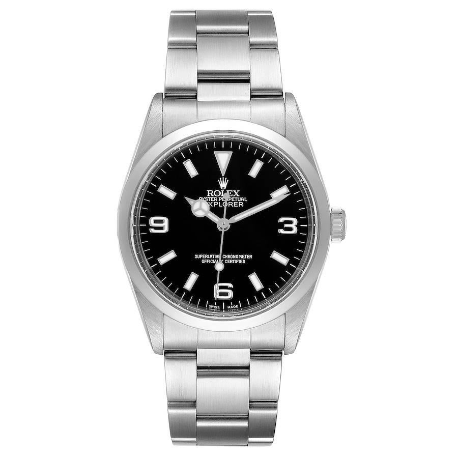 Rolex Explorer I Black Dial Stainless Steel Mens Watch 14270. Officially certified chronometer self-winding movement. Stainless steel case 36.0 mm in diameter. Rolex logo on a crown. Stainless steel smooth domed bezel. Scratch resistant sapphire