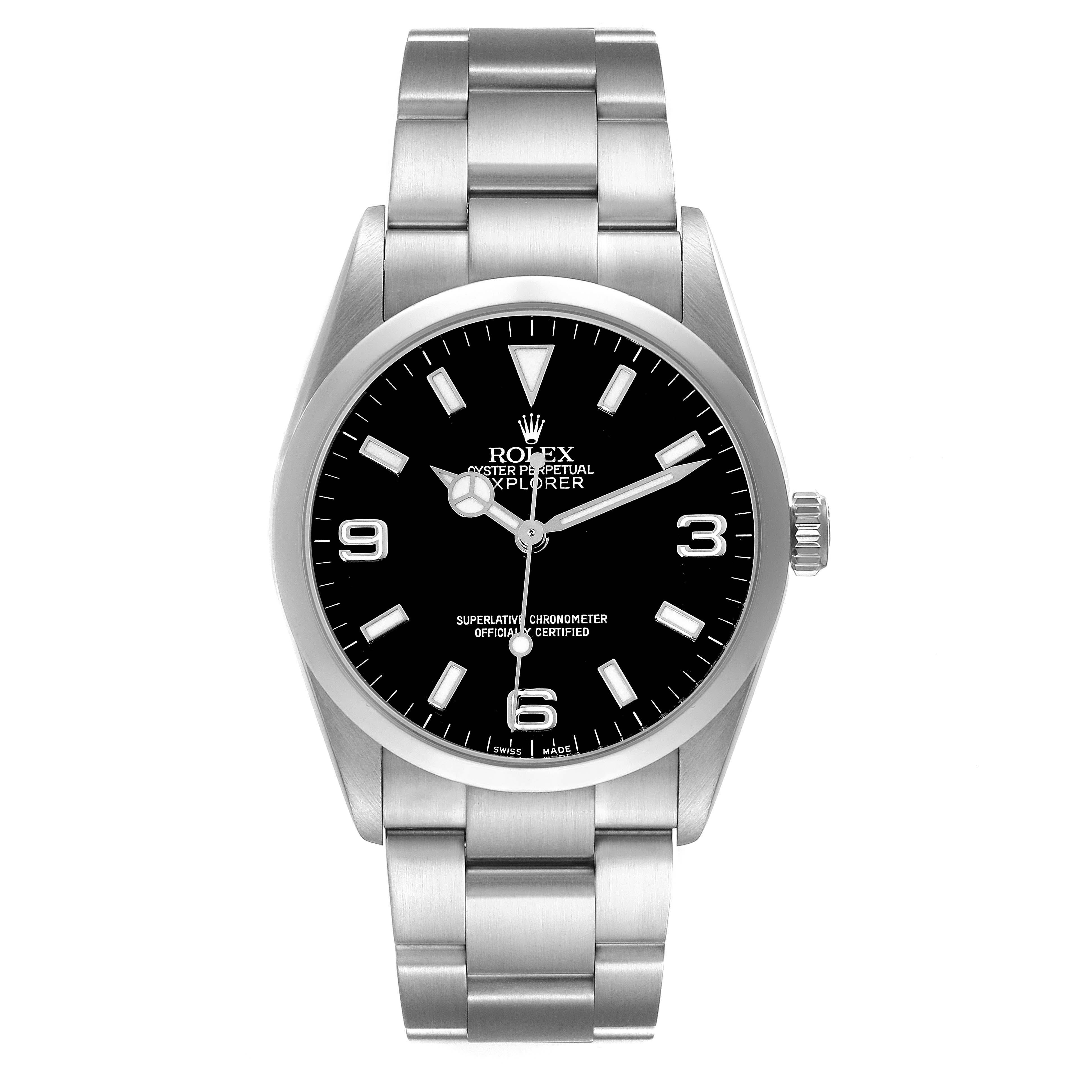 Rolex Explorer I Black Dial Steel Mens Watch 114270 Box Card. Officially certified chronometer automatic self-winding movement. Stainless steel case 36.0 mm in diameter. Rolex logo on the crown. Stainless steel smooth bezel. Scratch resistant