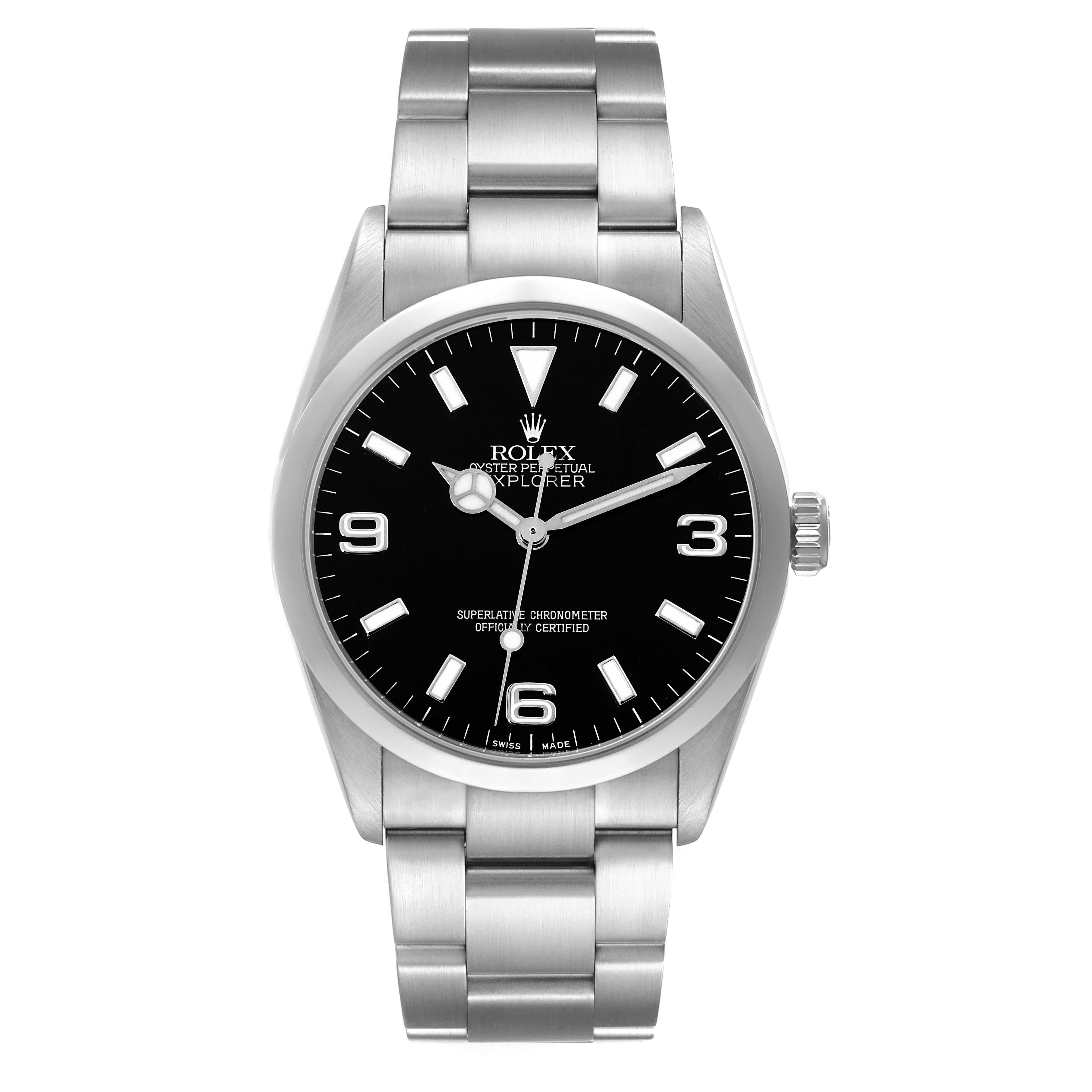 Rolex Explorer I Black Dial Steel Mens Watch 114270 Box Papers. Officially certified chronometer automatic self-winding movement. Stainless steel case 36.0 mm in diameter. Rolex logo on the crown. Stainless steel smooth bezel. Scratch resistant