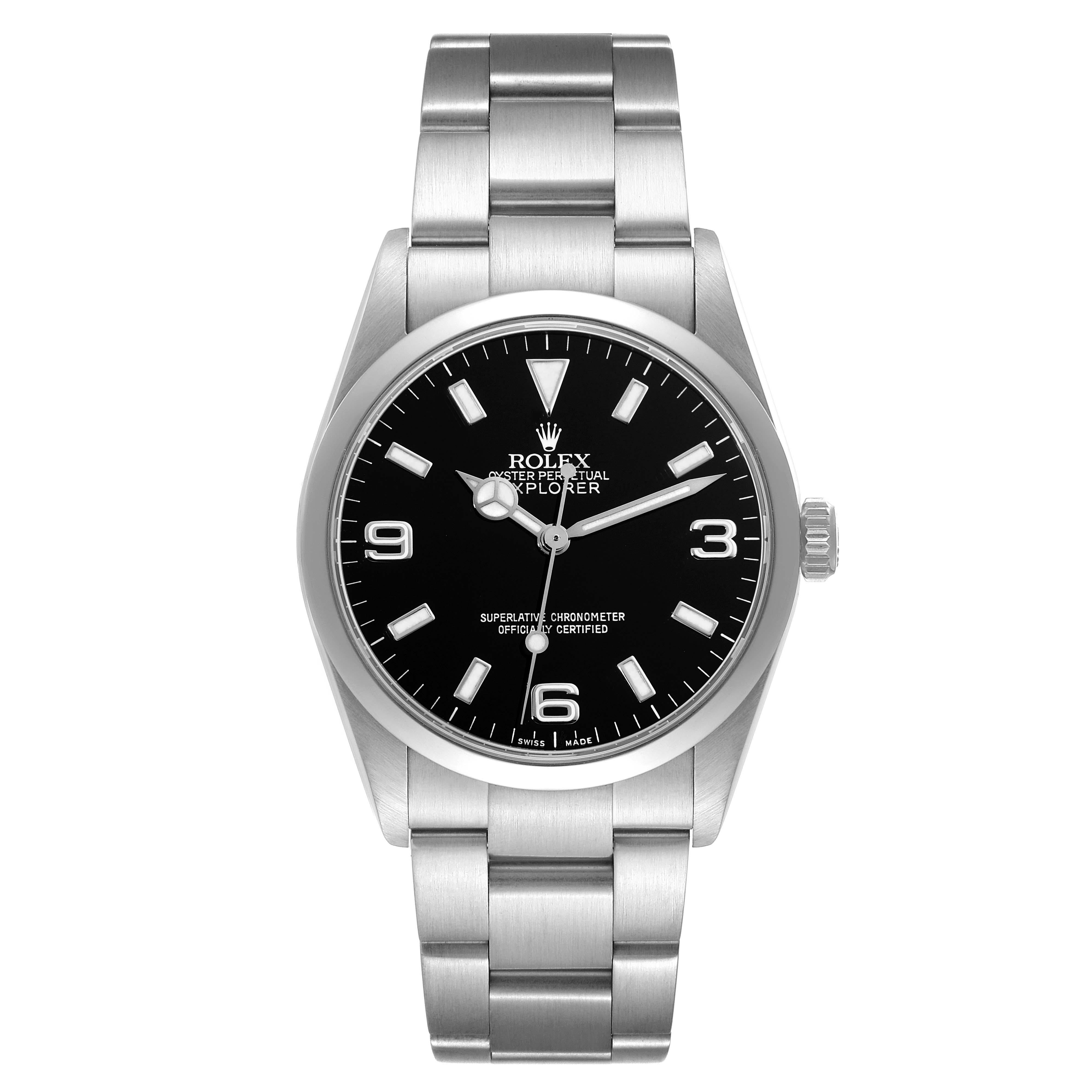 Rolex Explorer I Black Dial Steel Mens Watch 114270. Officially certified chronometer automatic self-winding movement. Stainless steel case 36.0 mm in diameter. Rolex logo on the crown. Stainless steel smooth bezel. Scratch resistant sapphire