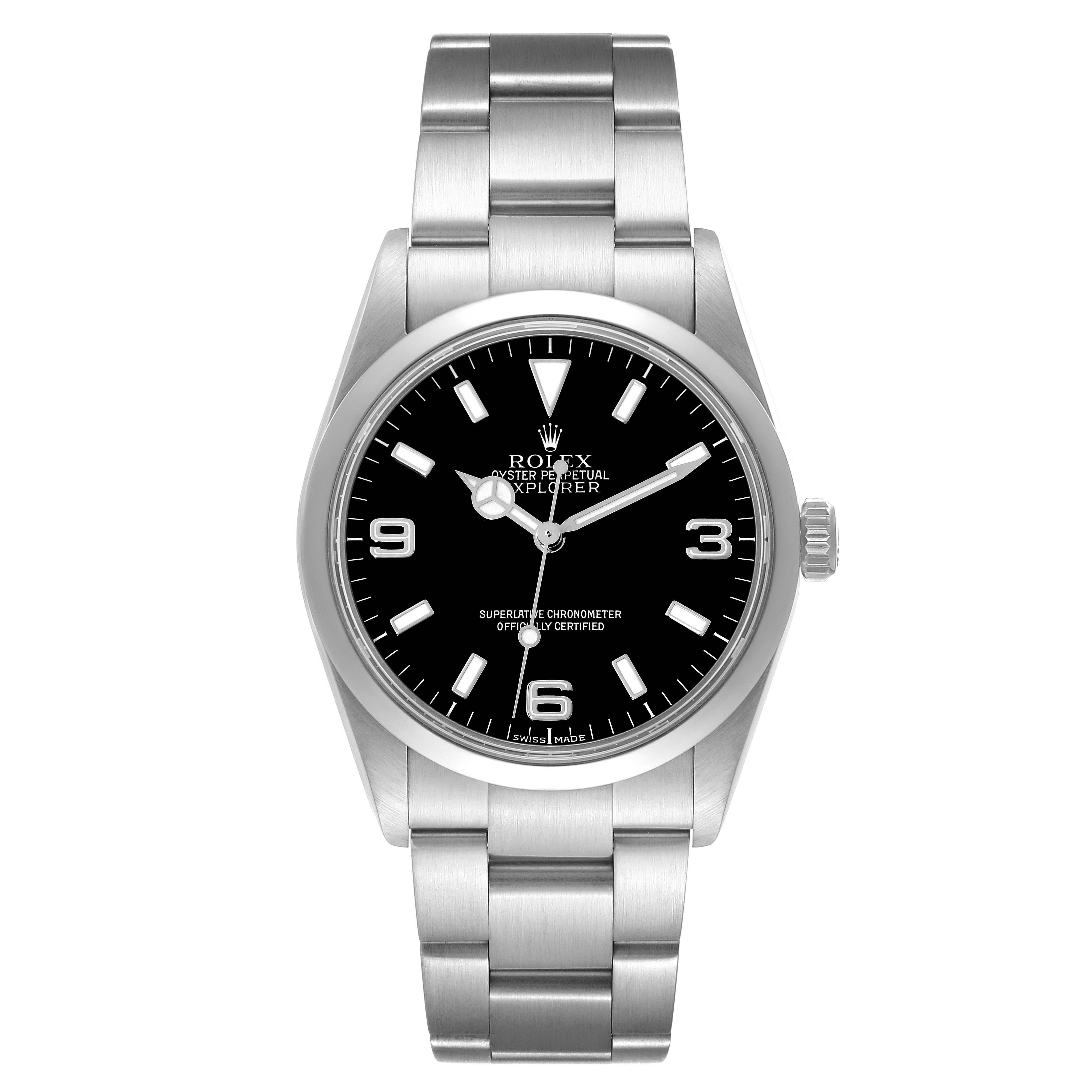 Rolex Explorer I Black Dial Steel Mens Watch 114270. Officially certified chronometer automatic self-winding movement. Stainless steel case 36.0 mm in diameter. Rolex logo on the crown. Stainless steel smooth bezel. Scratch resistant sapphire