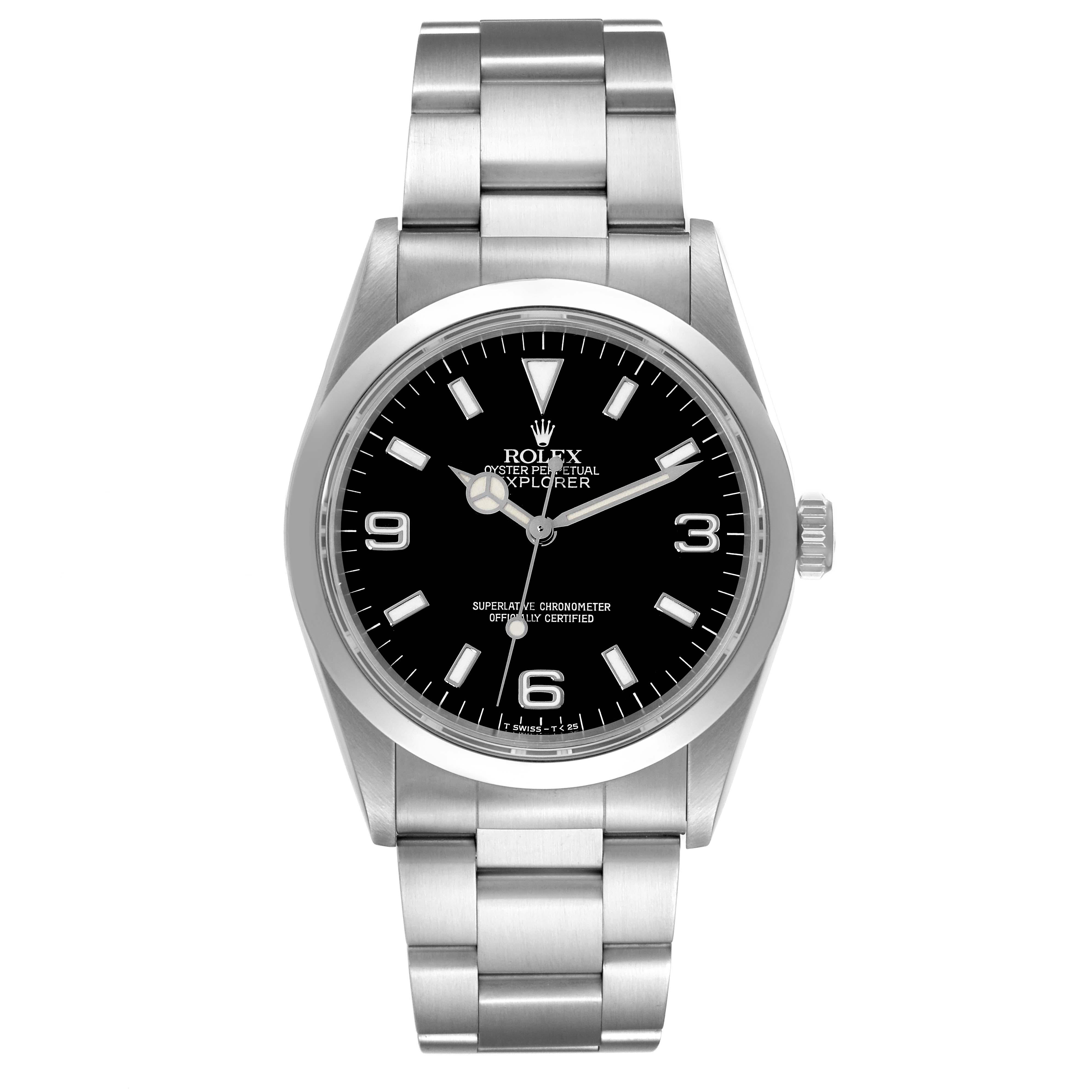 Rolex Explorer I Black Dial Steel Mens Watch 14270 Box Papers. Officially certified chronometer automatic self-winding movement. Stainless steel case 36.0 mm in diameter. Rolex logo on a crown. Stainless steel smooth domed bezel. Scratch resistant