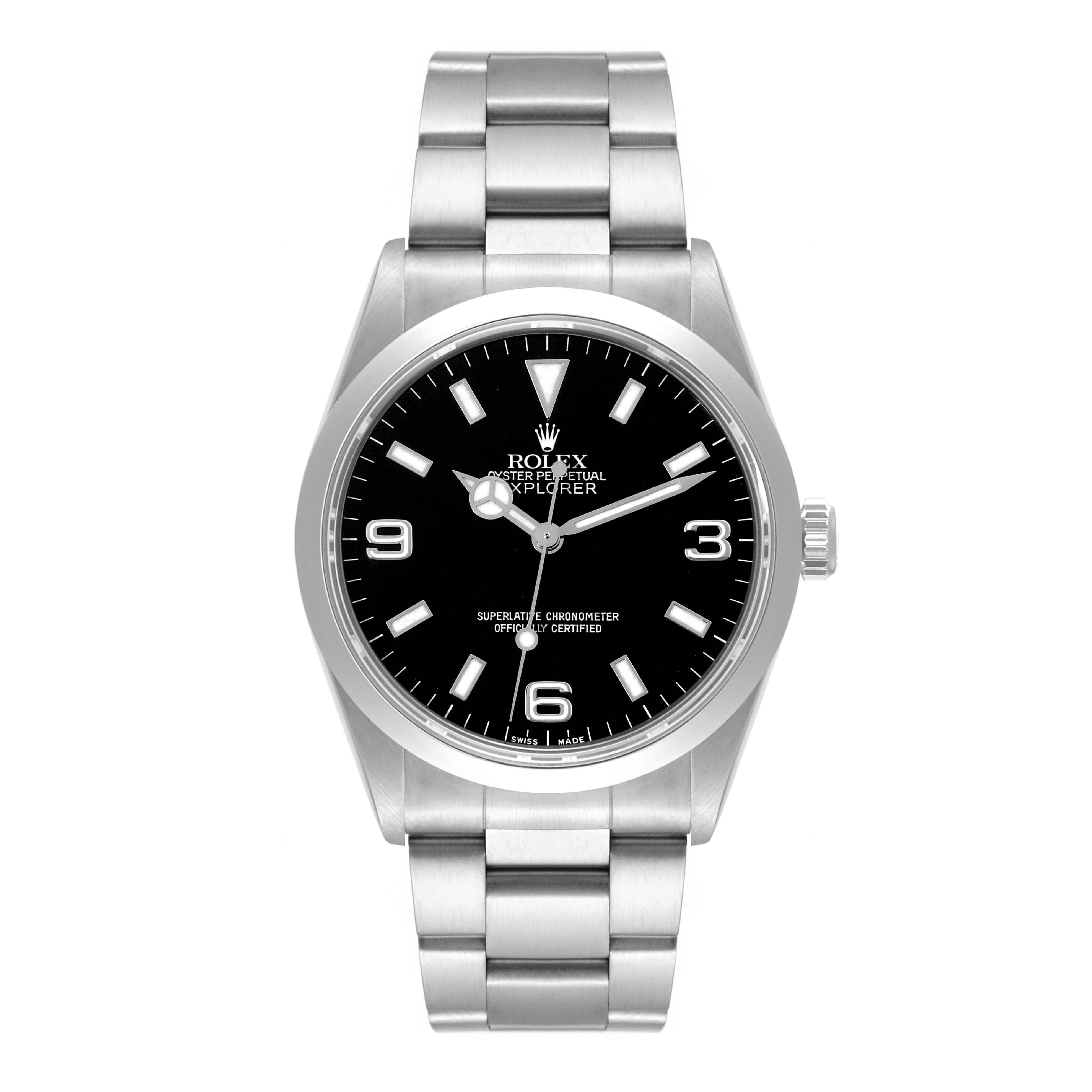 Rolex Explorer I Black Dial Steel Mens Watch 14270 Box Papers. Officially certified chronometer automatic self-winding movement. Stainless steel case 36.0 mm in diameter. Rolex logo on a crown. Stainless steel smooth domed bezel. Scratch resistant