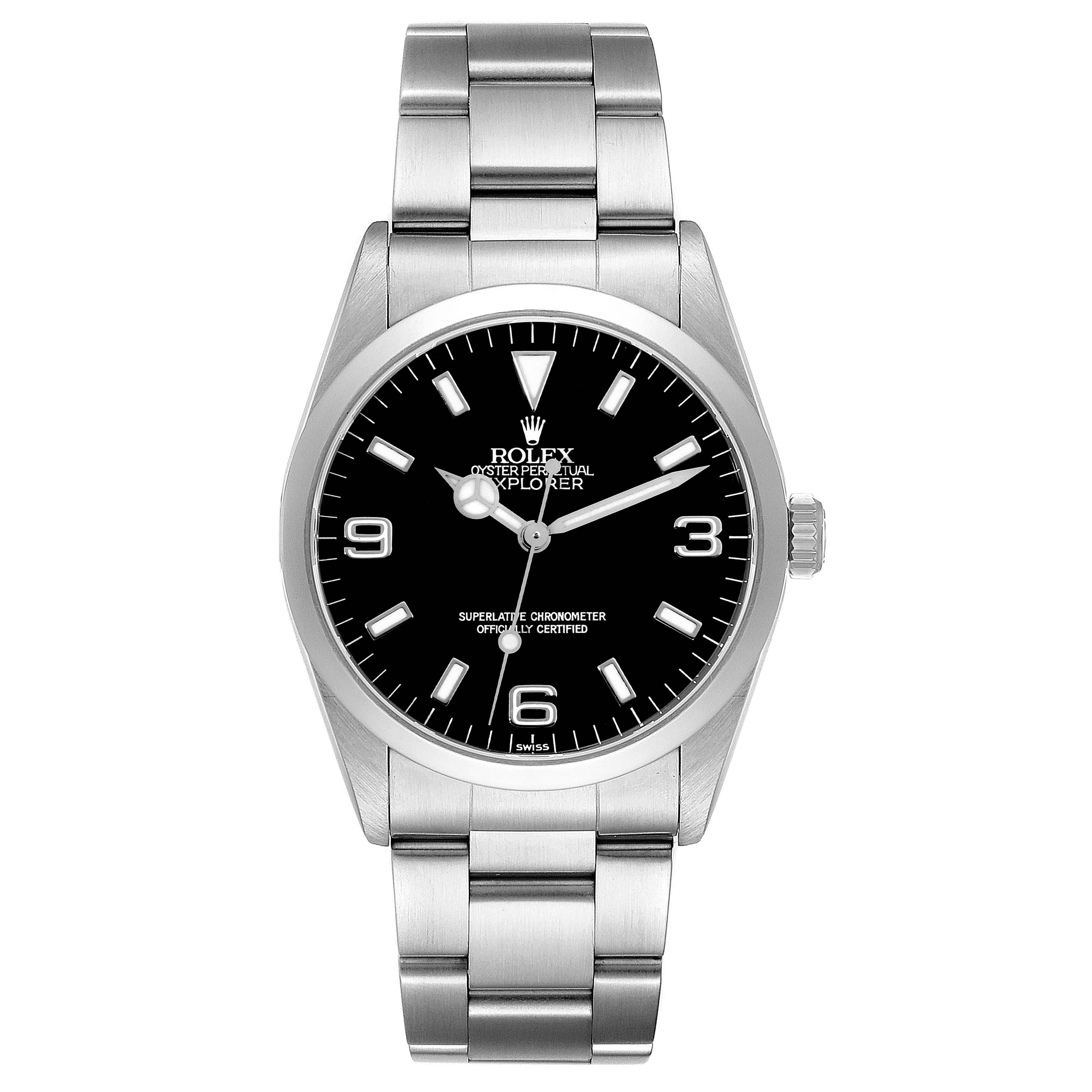 Rolex Explorer I Black Dial Steel Mens Watch 14270 Papers. Officially certified chronometer automatic self-winding movement. Stainless steel case 36.0 mm in diameter. Rolex logo on a crown. Stainless steel smooth domed bezel. Scratch resistant