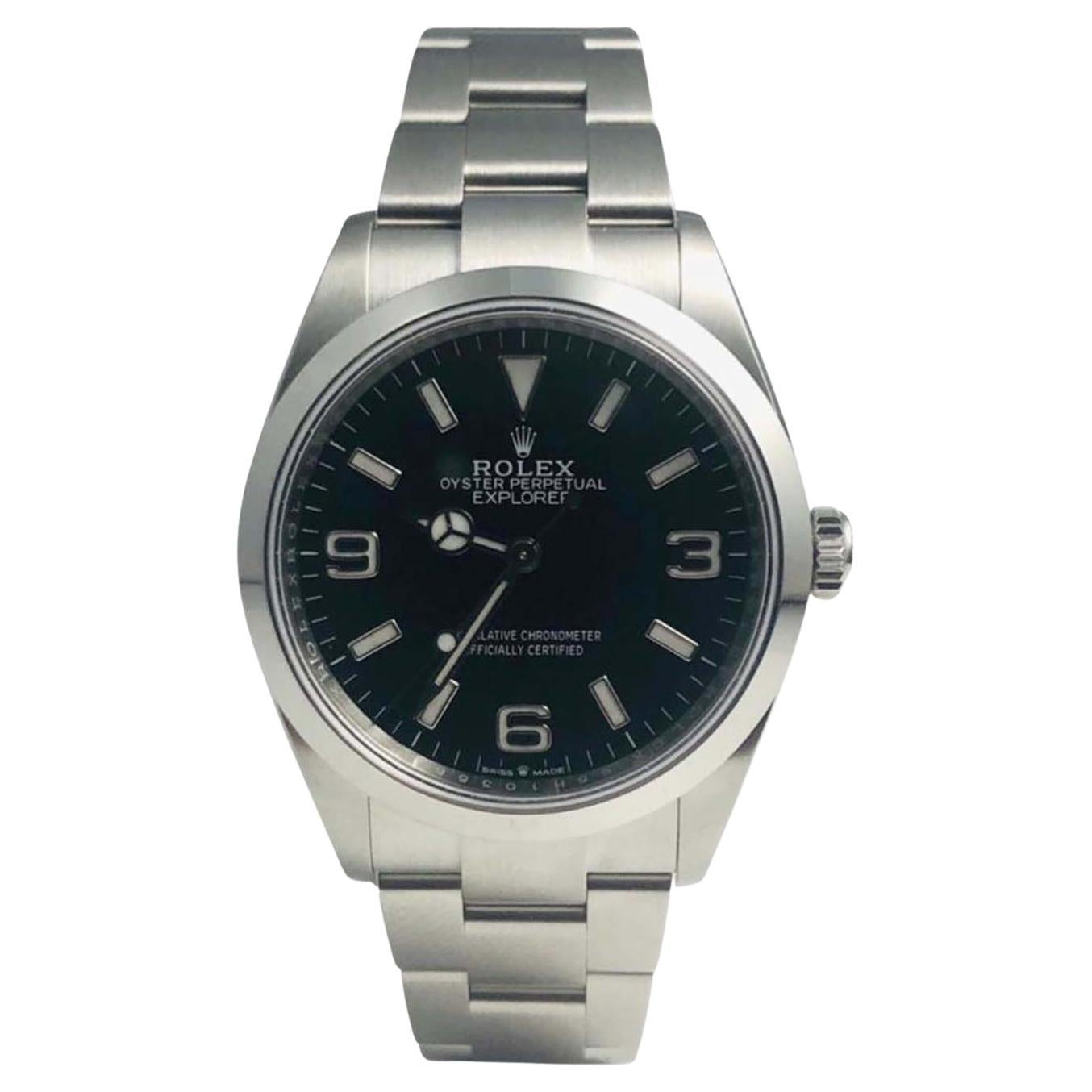Rolex Explorer I Edelstahl Uhr mit schwarzem Zifferblatt Ref. 124270 im Angebot