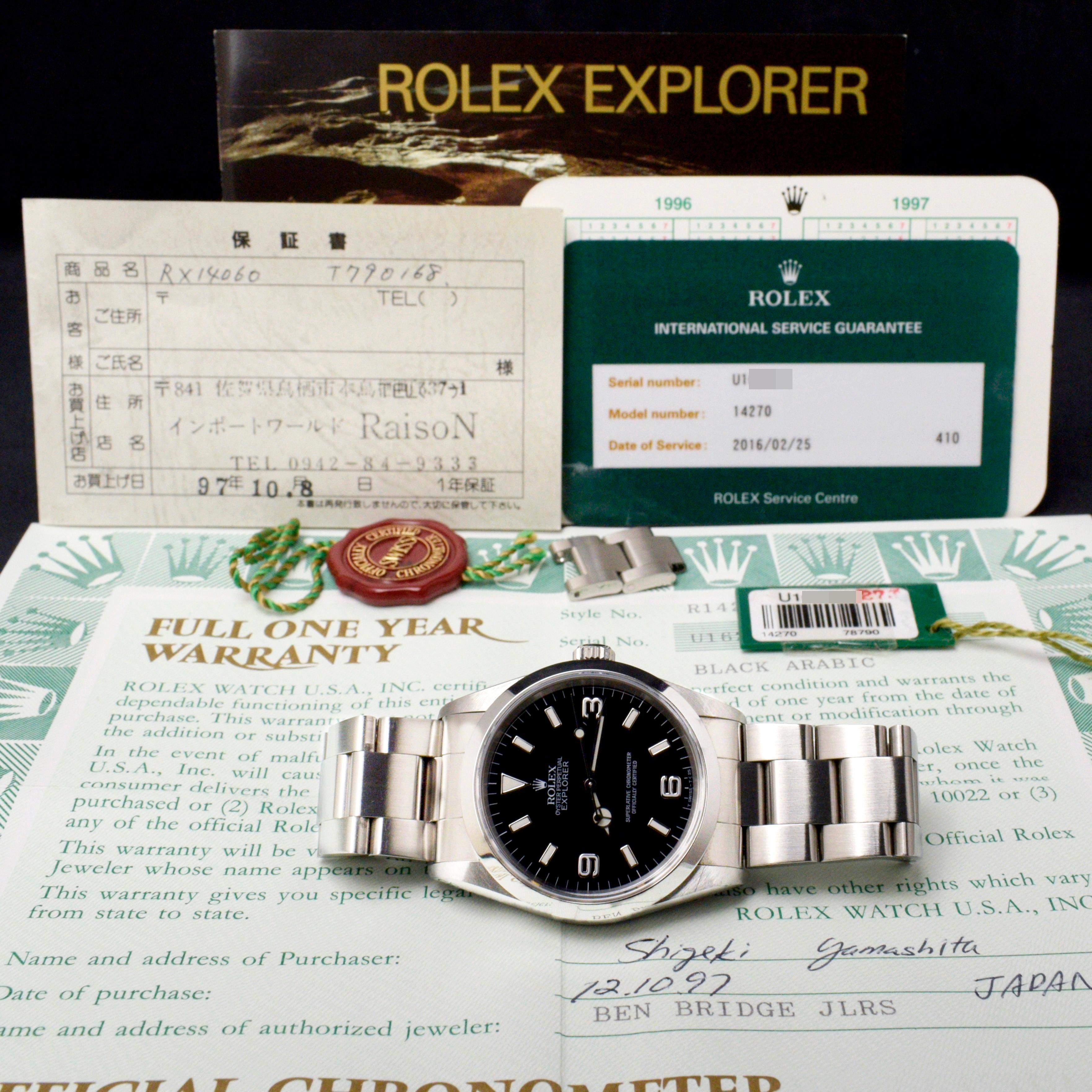 Brand: Rolex
Model: 14270
Year: 1997
Serial number: U1xxxxx
Reference: C03523

Case: Shows sign of wear with slight polish from previous; inner case back stamped 14270

Dial: Excellent Condition black “Swiss-T<25” dial w/ matching hands

Bracelet: