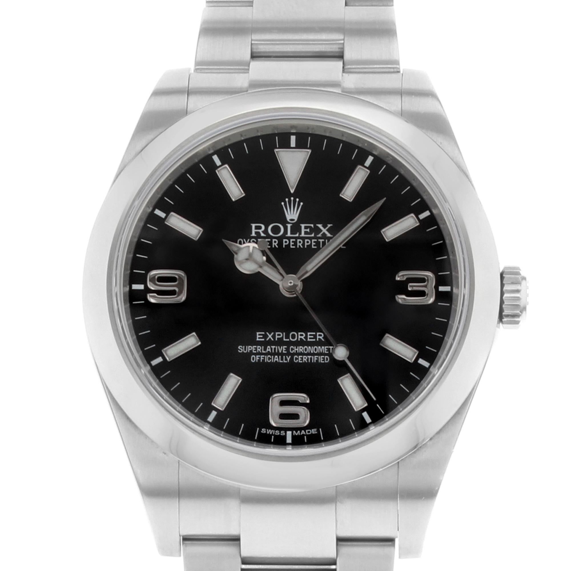 This pre-owned Rolex Explorer 214270 is a beautiful men's timepiece that is powered by a mechanical (automatic) movement which is cased in a stainless steel case. It has a round shape face, no features dial, and has hand sticks & numerals style