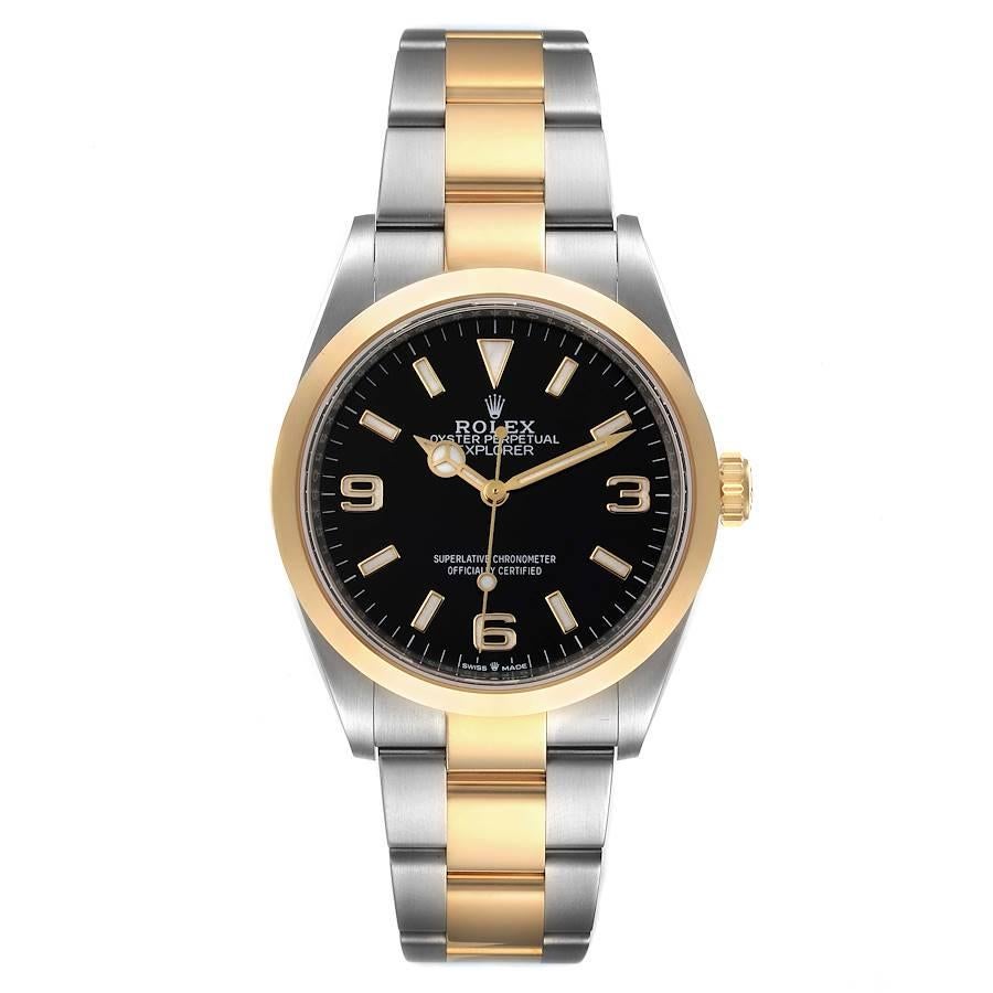 Rolex Explorer I Steel Yellow Gold Black Dial Mens Watch 124273 Box Card. Officially certified chronometer self-winding movement. Stainless steel case 36.0 mm in diameter. Rolex logo on a 18k yellow gold crown. 18k yellow gold smooth domed bezel.