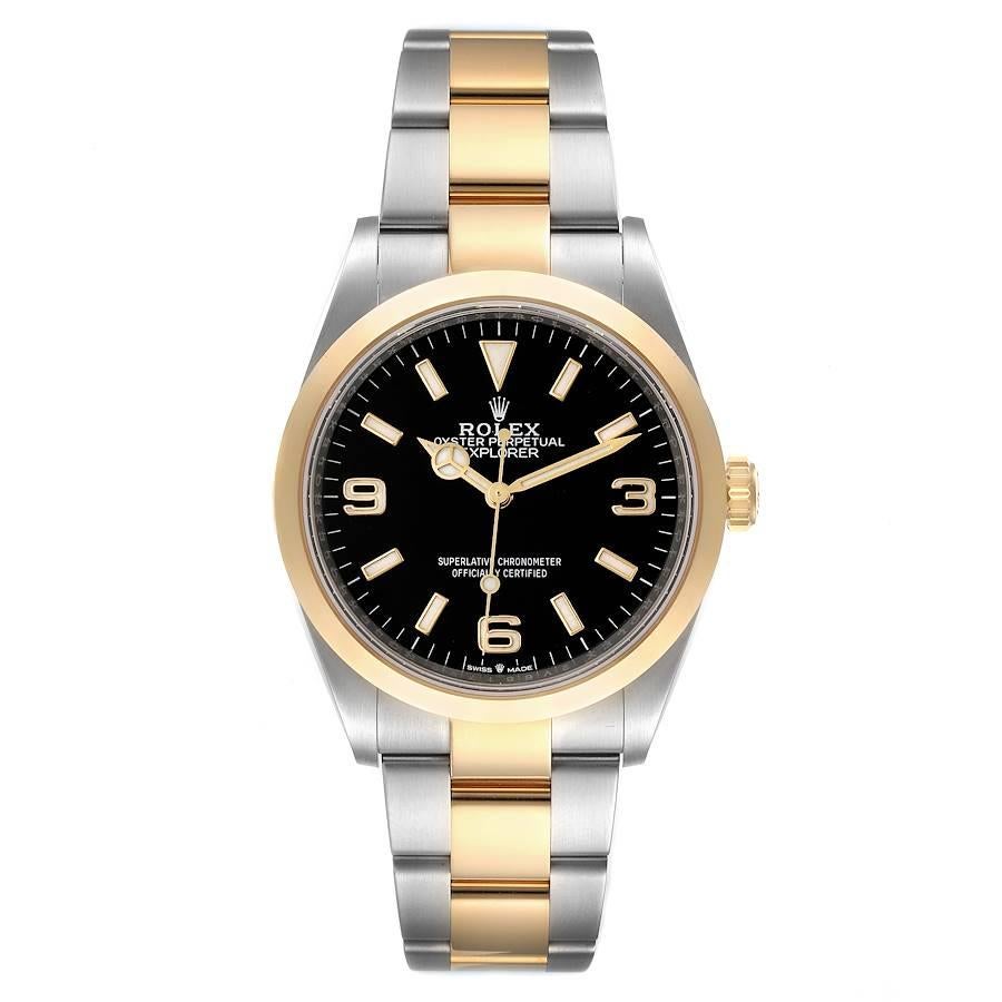 Rolex Explorer I Steel Yellow Gold Black Dial Mens Watch 124273 Unworn. Officially certified chronometer self-winding movement. Stainless steel case 36.0 mm in diameter. Rolex logo on a 18k yellow gold crown. 18k yellow gold smooth domed bezel.