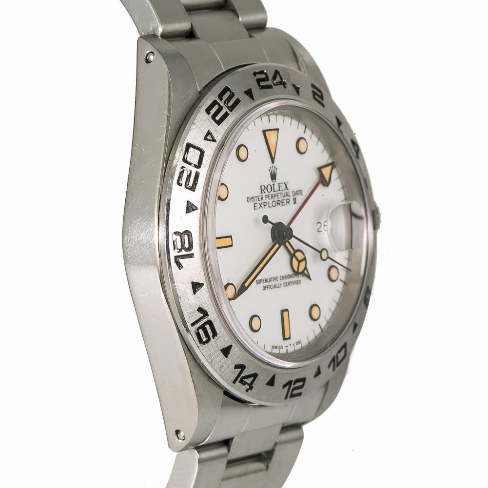 Rolex Explorer II Reference #: 16550. Mens Automatic Self Wind Watch Stainless Steel White 40 MM. Verified and Certified by WatchFacts. 1 year warranty offered by WatchFacts.
