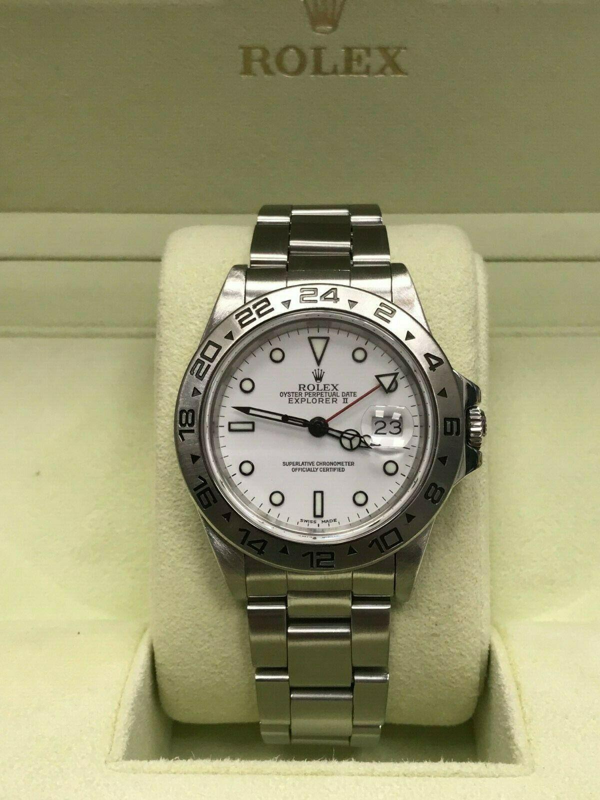 Rolex Explorer II 16550 White Dial Stainless Steel Box and Service Paper In Excellent Condition In San Diego, CA