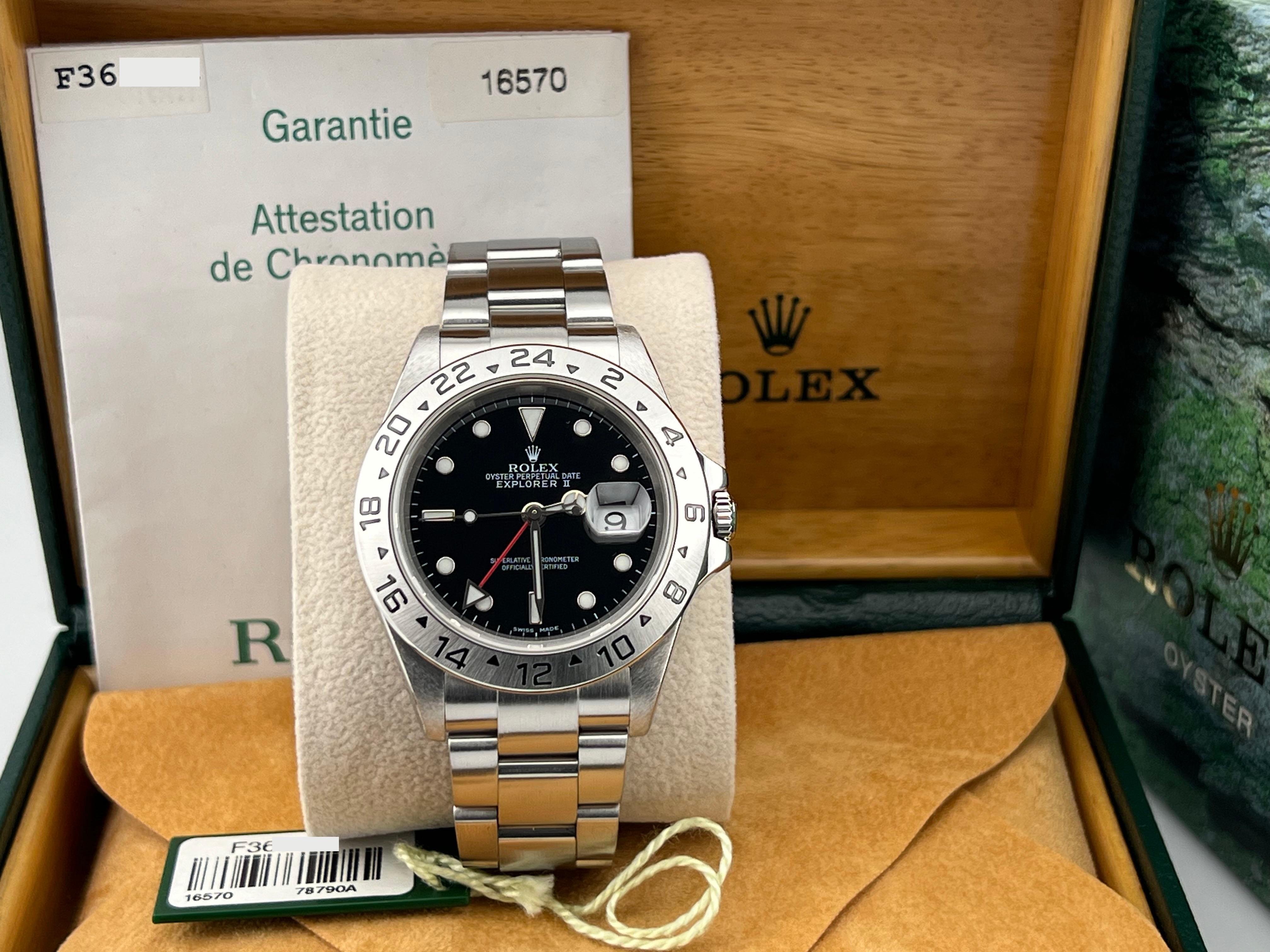 Style Number: 16570



Serial: F366***



Year: 2004

 

Model: Rolex Explorer II 

 

Case Material: Stainless Steel 

 

Band: Stainless Steel 

  

Bezel: Stainless Steel 

  

Dial: Black Dial 

 

Face: Sapphire Crystal 

 

Case Size: 40mm 

