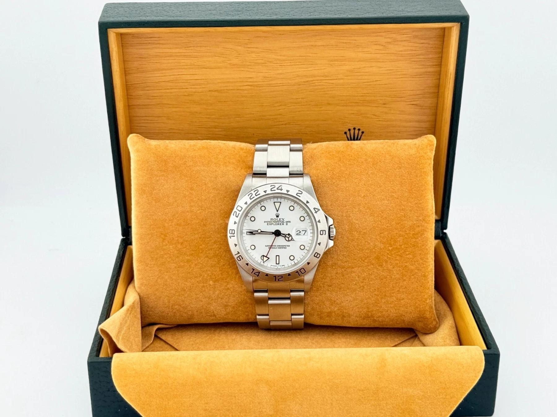 Style Number: 16570

Serial: S99****

Year: 1994

Model: Rolex Explorer II

Case Material: Stainless Steel

Band: Stainless Steel

Bezel: Stainless Steel

Dial: Polar / White Dial

Face: Sapphire Crystal

Case Size: 40mm

Includes:

-Rolex Box &