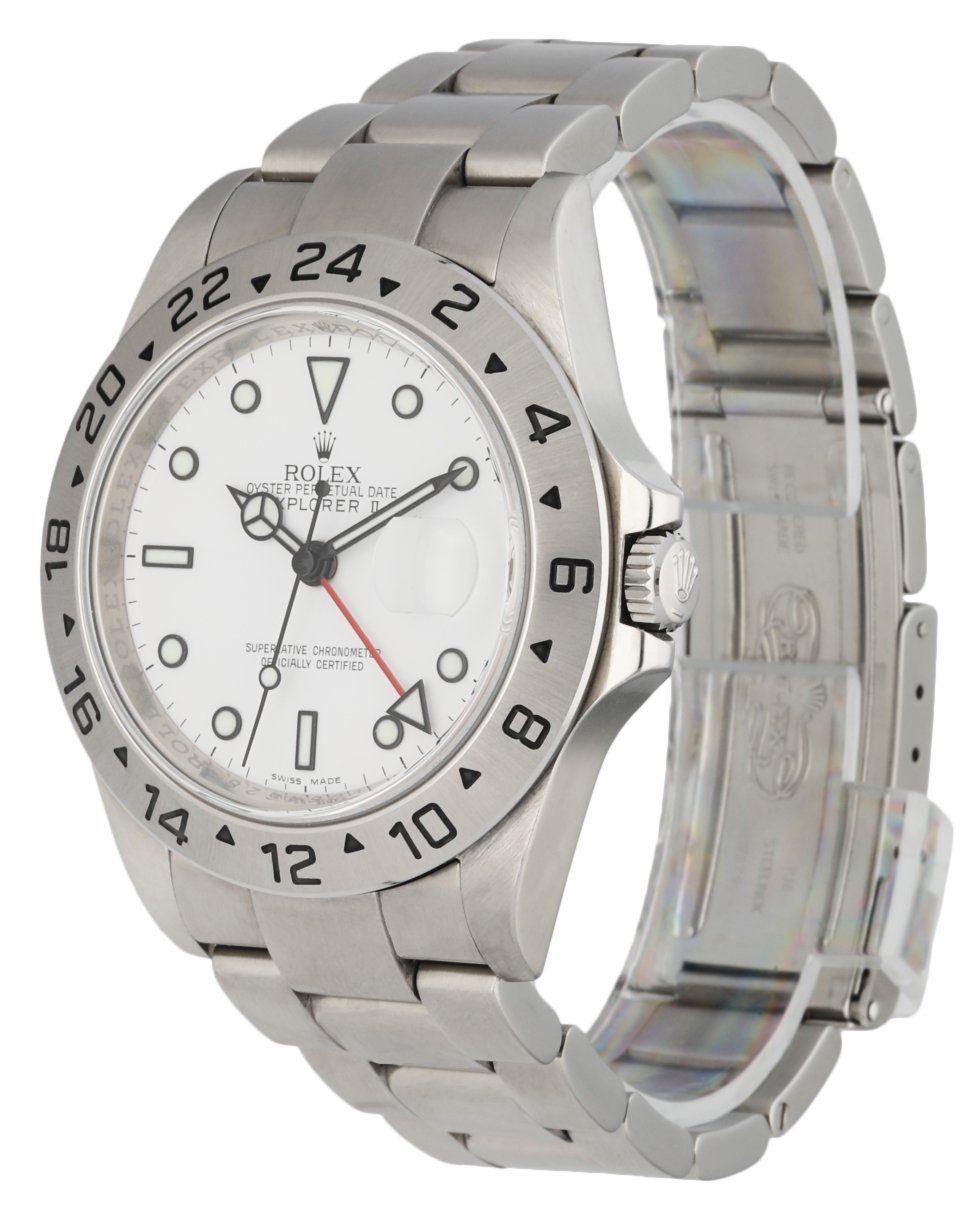 Rolex Explorer II 16570 men's watch. 40mm stainless steel case with stainless steel 24 Hour time display bezel. White dial withÂ black luminous steel hands and index hour markers. Minute markers on the outer dial. Date display at the 3 o'clock