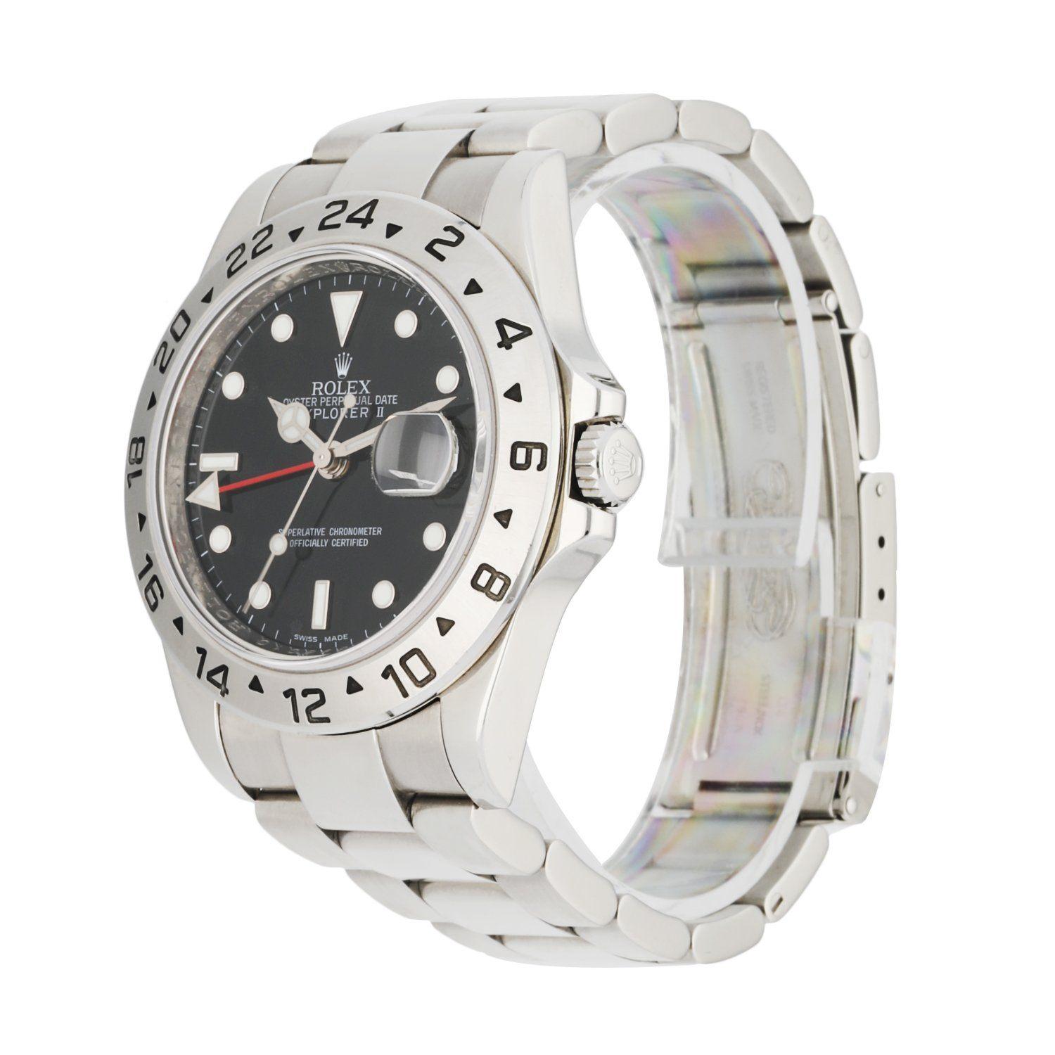 Rolex Explorer II 16570 Men's Watch. 40mm Stainless Steel case. Stainless Steel 24 Hour Time Display bezel. Black dial with Luminous Steel hands and luminous dot hour markers. Minute markers on the outer dial. Date display at the 3 o'clock position.