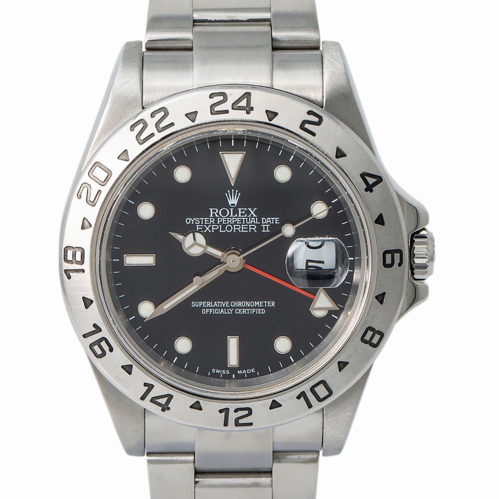 Rolex Explorer II 16570 F-Serial Men's Automatic Watch Black Dial SS In Excellent Condition In Miami, FL