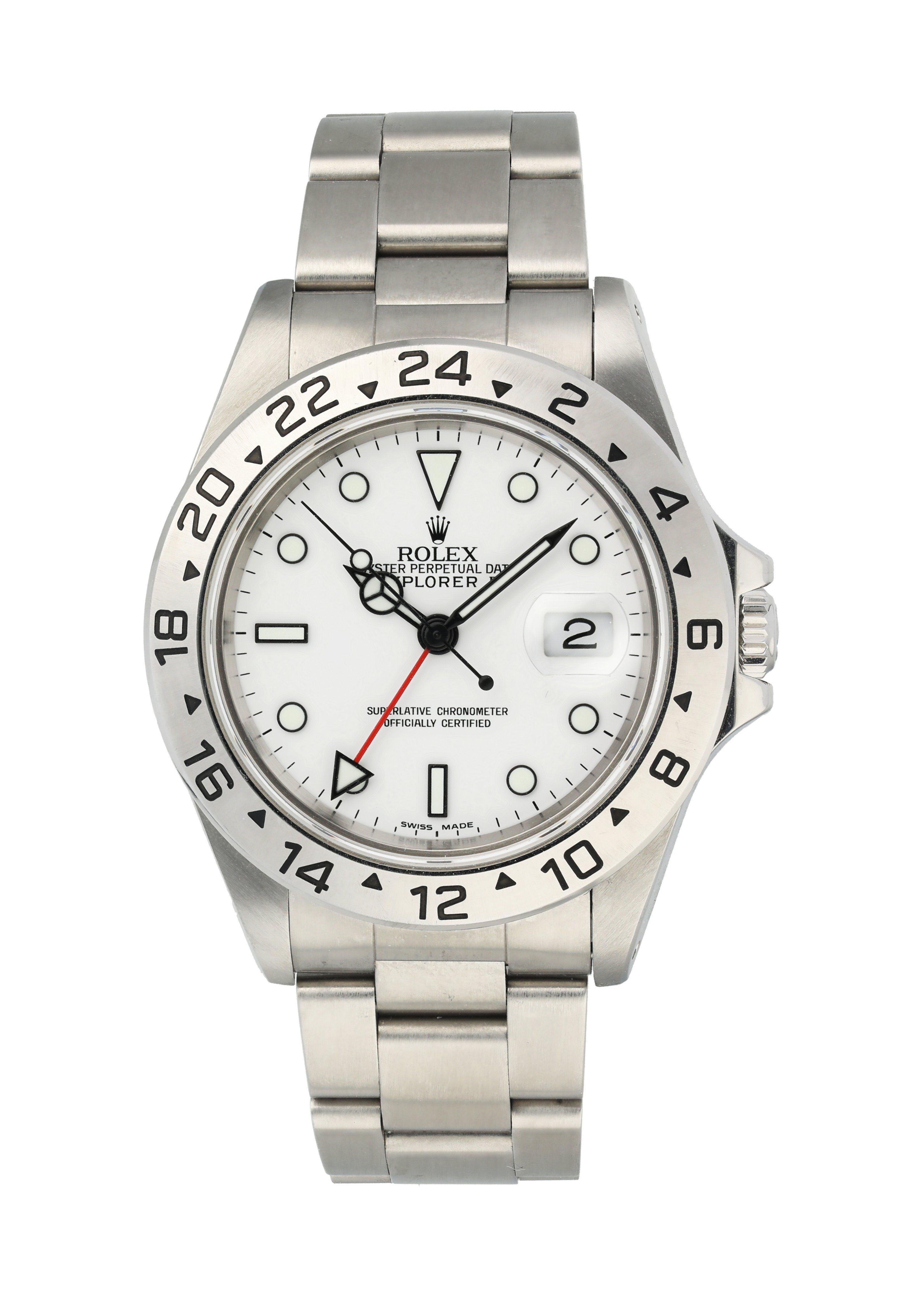 Rolex Explorer II 16570 Men's Watch.
40mm Stainless Steel case. 
Stainless Steel 24 Hour Time Display bezel. 
White dial with Luminous Steel hands and luminous dot hour markers. 
Minute markers on the outer dial. 
Date display at the 3 o'clock