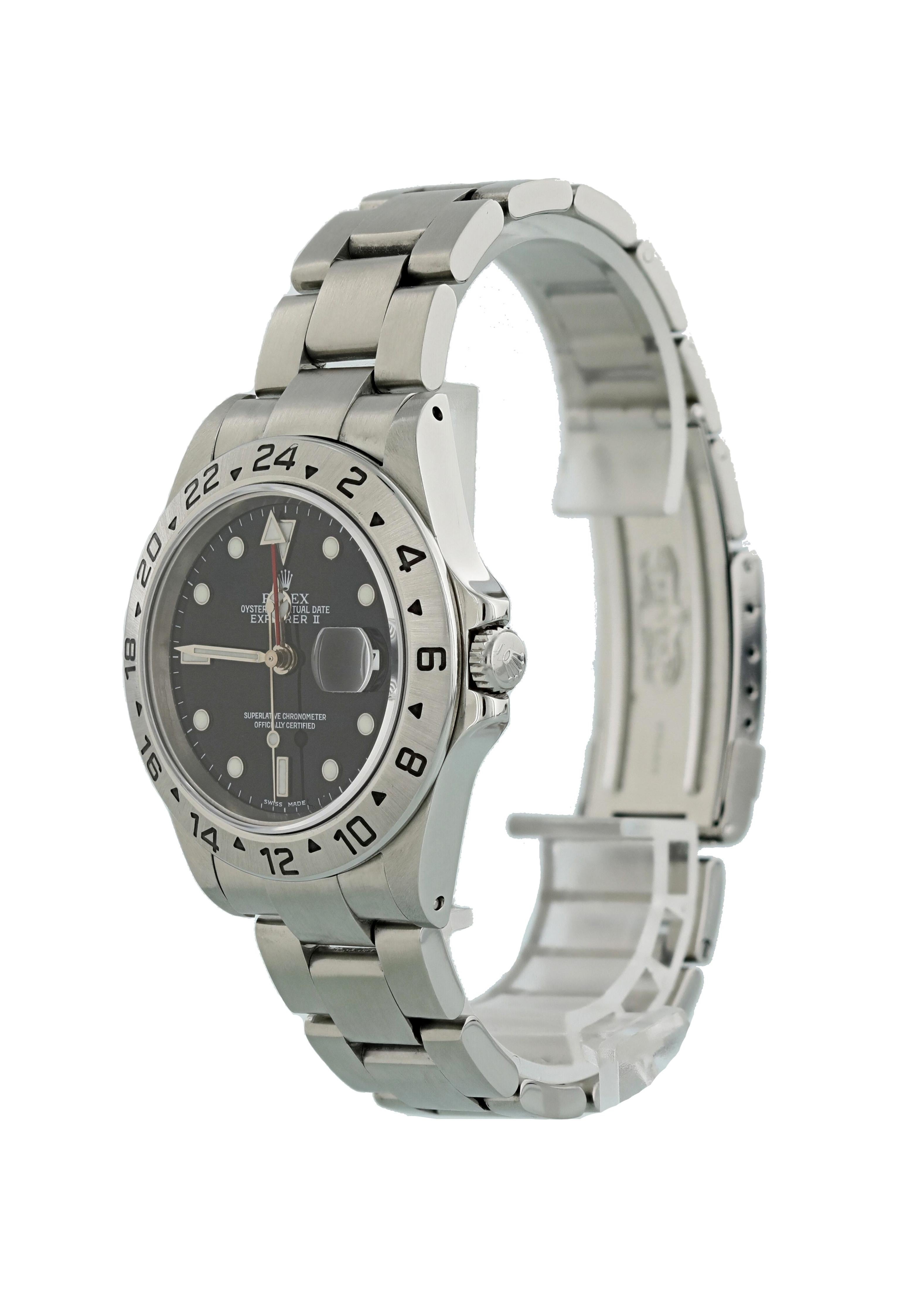 Rolex Explorer II 16570 Men Watch. 
40mm Stainless Steel case. 
Stainless Steel Stationary bezel. 
Black dial with Luminous Steel hands and index, dot hour markers. 
Minute markers on the outer dial. 
Date display at the 3 o'clock position.