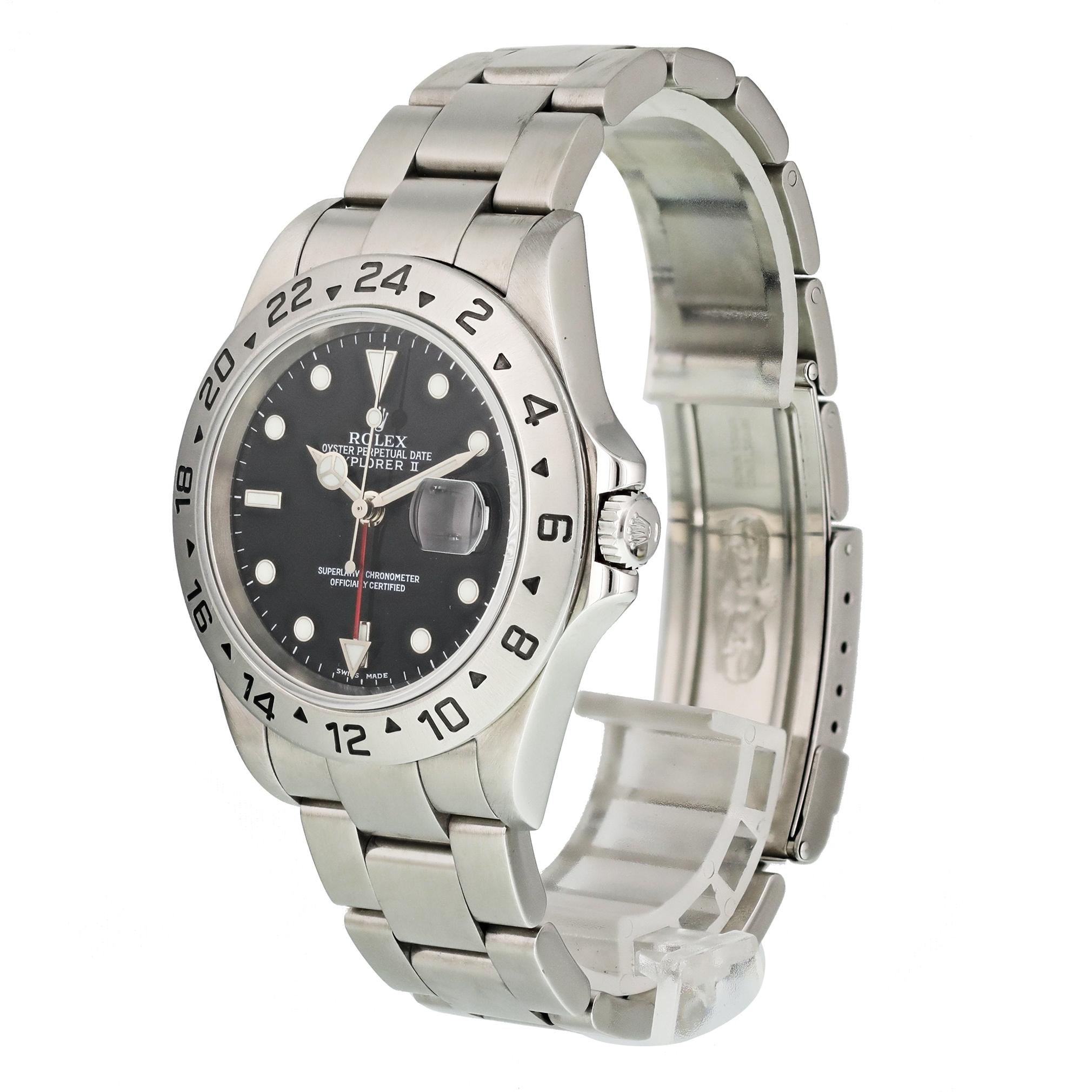 Rolex Explorer II 16570 Men Watch. 
40mm Stainless Steel case. 
Stainless Steel Stationary bezel. 
Black dial with Luminous Steel hands and index, dot hour markers. 
Minute markers on the outer dial. 
Date display at the 3 o'clock position.