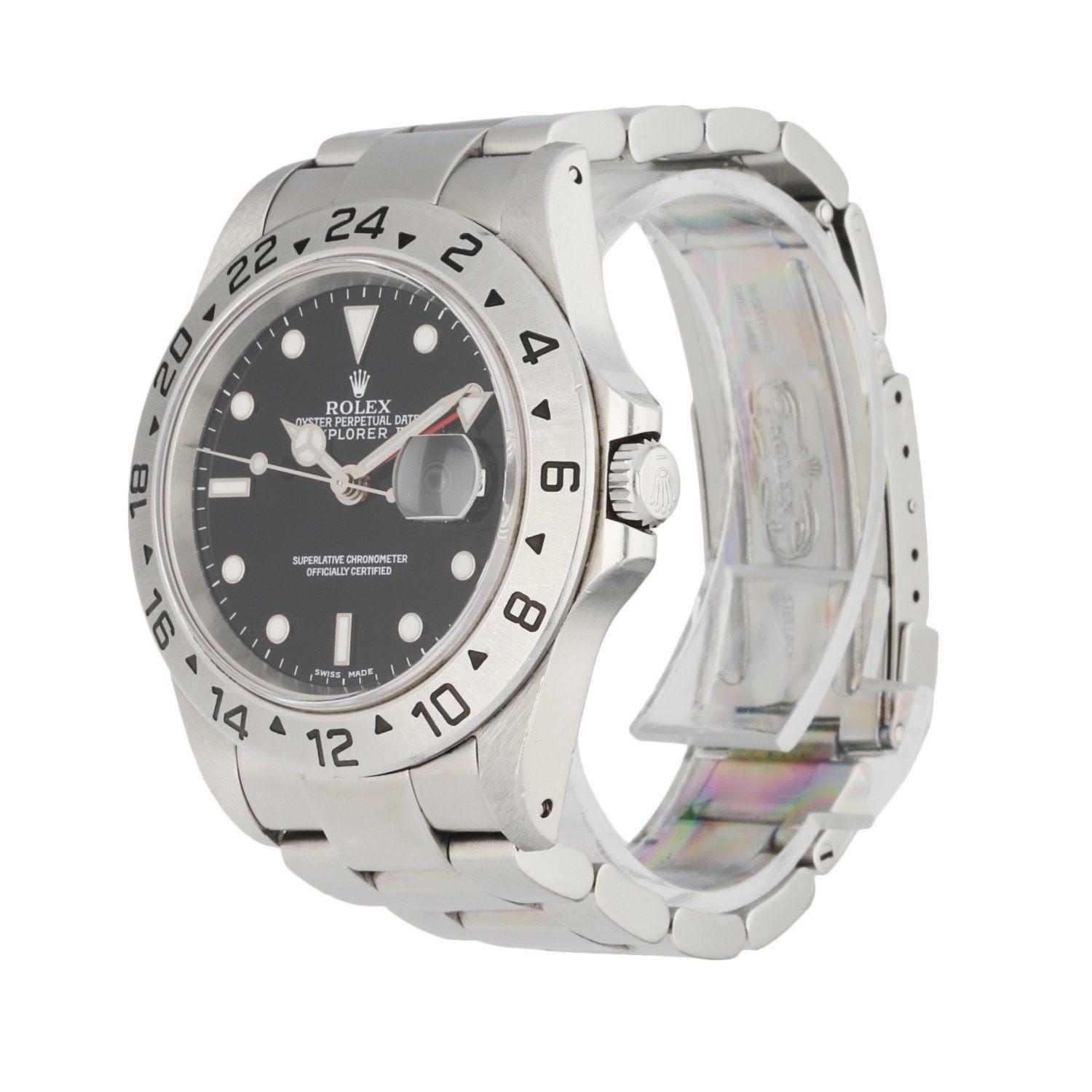 Rolex Explorer II 16570 men's watch. 40mm stainless steel case. Stainless steelÂ fixÂ bezel with 24 hour black bezel insert. Black dial with luminous steel hands and dot hour markers. Minute markers on the outer dial. Date display at the 3 o'clock