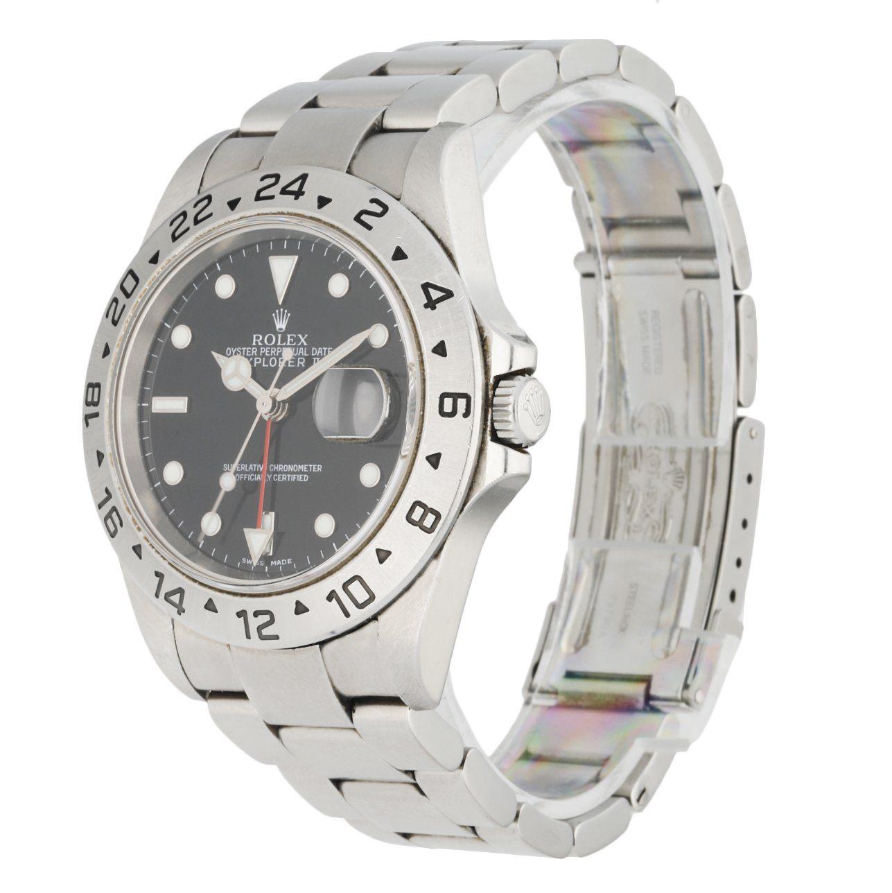 Rolex Explorer II 16570 men's watch. 40mm stainless steel case. Stainless steelÂ fixÂ bezel with 24 hour black bezel insert. Black dial with luminous steel hands and dot hour markers. Minute markers on the outer dial. Date display at the 3 o'clock