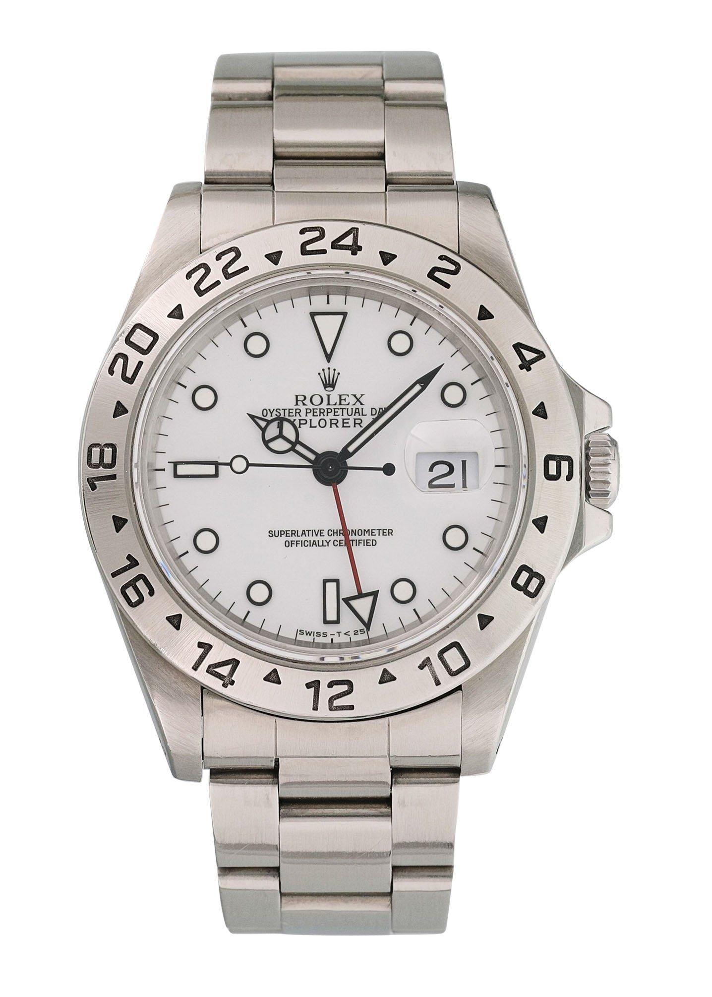 Rolex Explorer II 16570 Men's Watch.
40mm Stainless Steel case. 
Stainless Steel 24 Hour Time Display bezel. 
White dial with Luminous Steel hands and index hour markers. 
Minute markers on the outer dial. 
Date display at the 3 o'clock position.