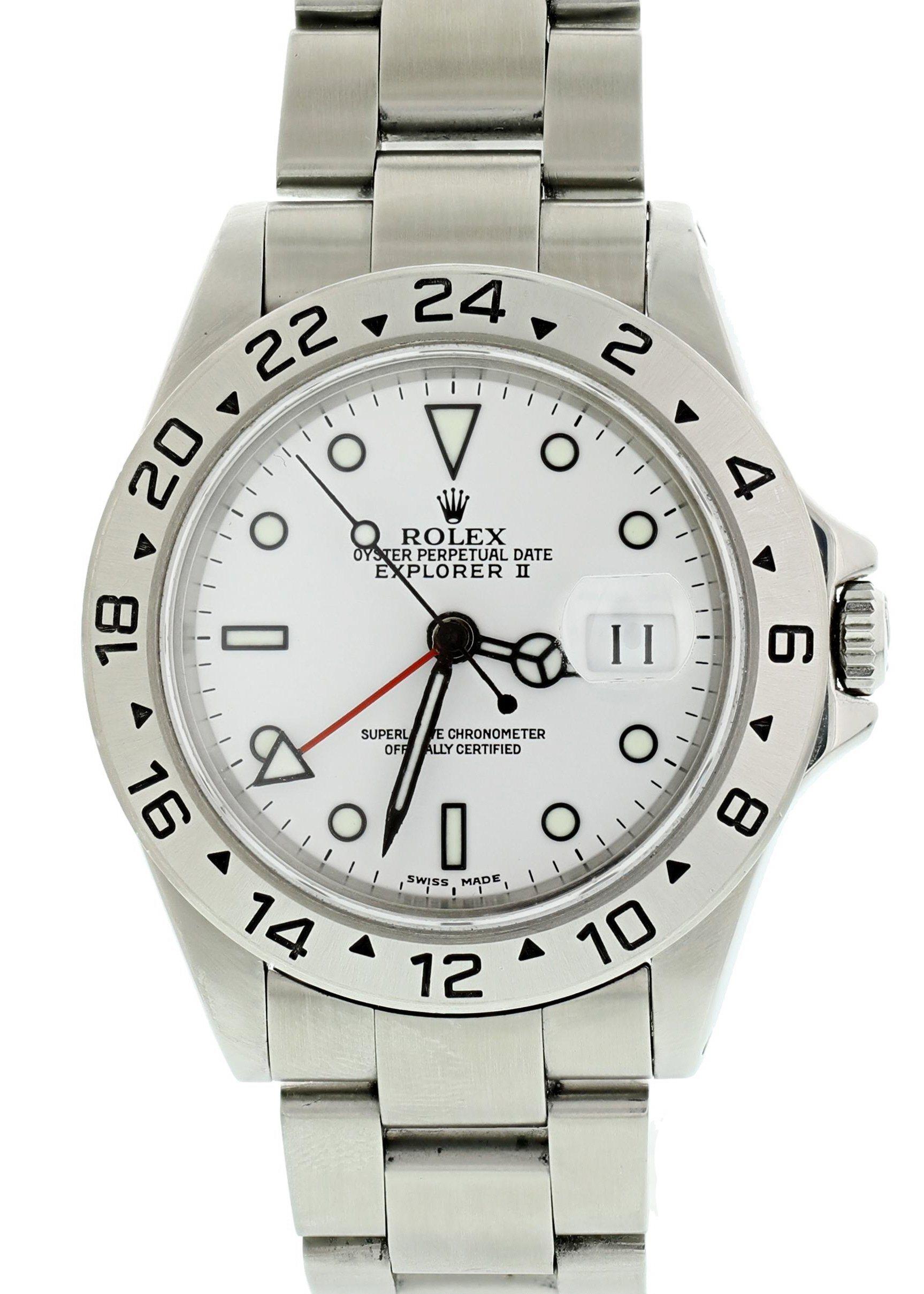 Rolex Explorer II 16570 Men's Watch.
40mm Stainless Steel case. 
Stainless Steel 24 Hour Time Display bezel. 
White dial with Luminous Steel hands and index hour markers. 
Minute markers on the outer dial. 
Date display at the 3 o'clock position.