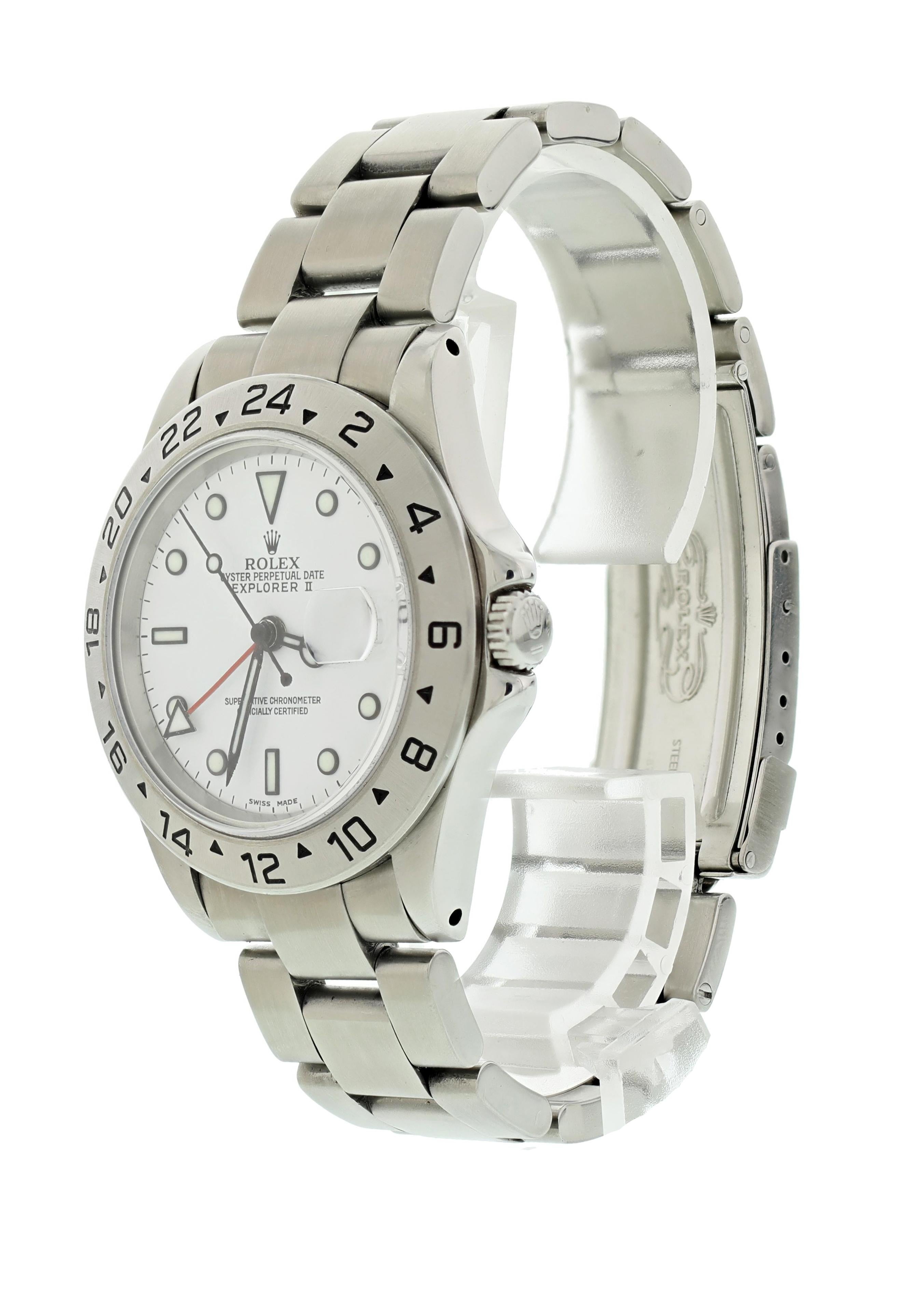Rolex Explorer II 16570 Men's Watch.
40mm Stainless Steel case. 
Stainless Steel 24 Hour Time Display bezel. 
White dial with Luminous Steel hands and index hour markers. 
Minute markers on the outer dial. 
Date display at the 3 o'clock position.
