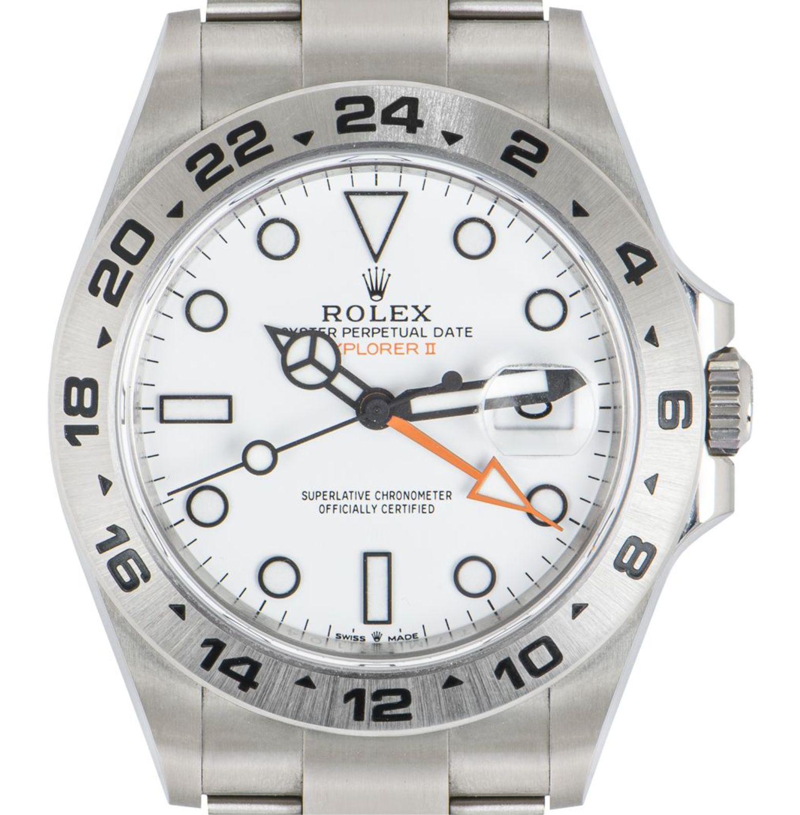 A 42mm Explorer II in Oystersteel by Rolex. Featuring a white dial with the date and an orange arrow-shaped 24-hour hand. A fixed stainless steel 24-hour bezel also features.

The Oyster bracelet comes with a folding Oysterlock clasp which is