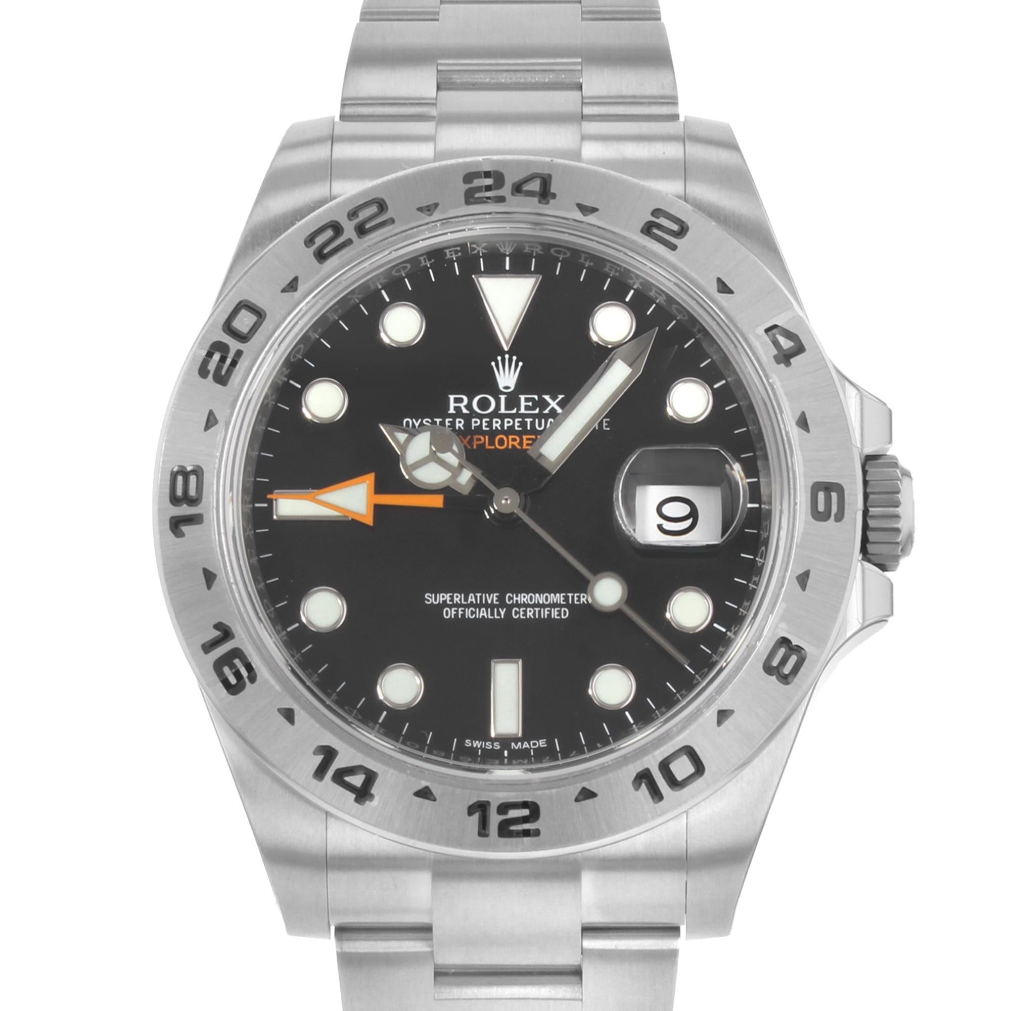 This display model Rolex Explorer II  216570 is a beautiful men's timepiece that is powered by an automatic movement which is cased in a stainless steel case. It has a round shape face, date, dual time dial, and has hand sticks & dots style markers.