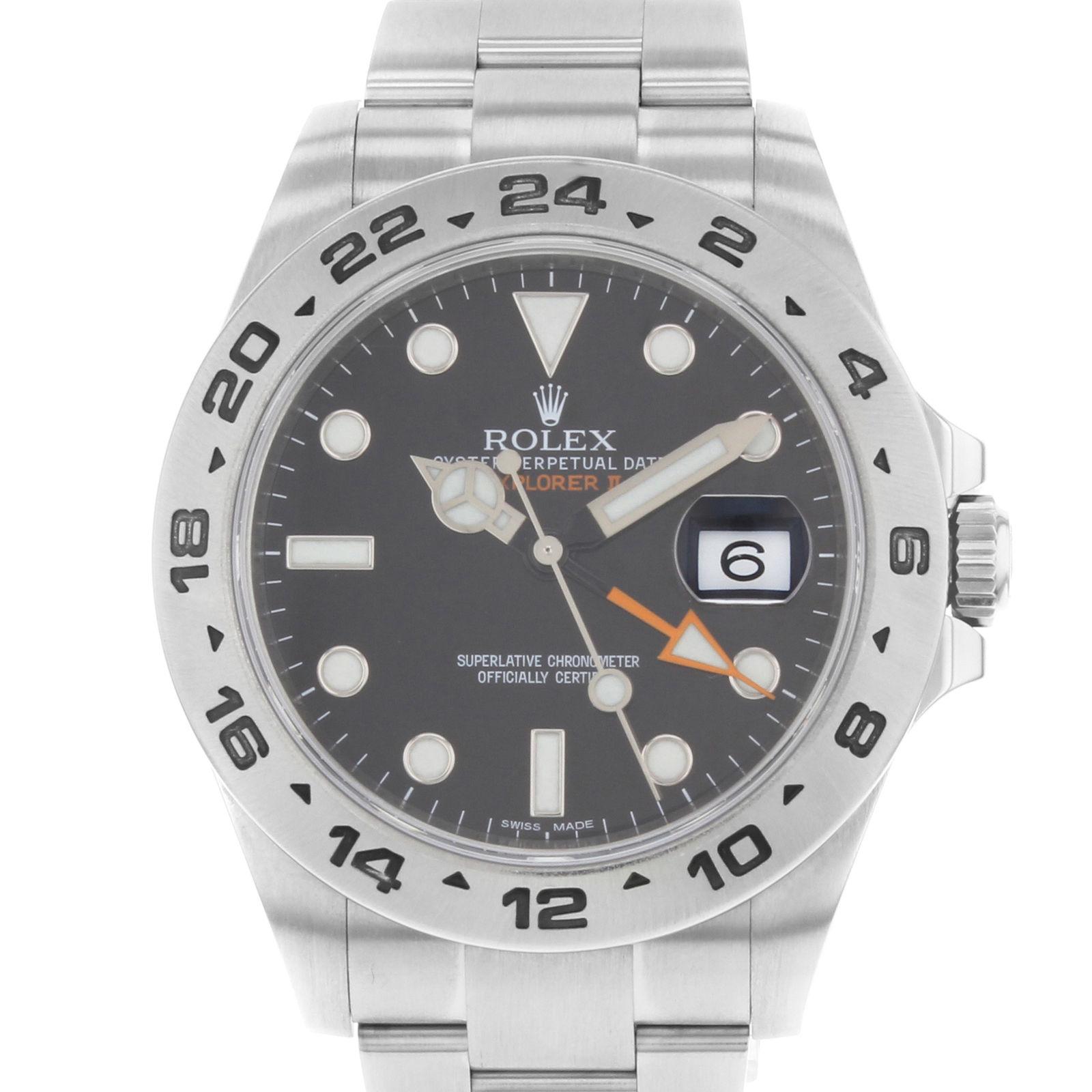 (17490)
This pre-owned Rolex Explorer II 216570 is a beautiful men's timepiece that is powered by an automatic movement which is cased in a stainless steel case. It has a round shape face, date, dual time dial and has hand sticks & dots style