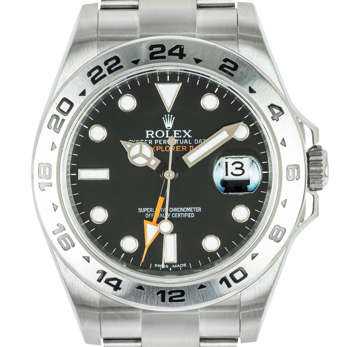 A men's Explorer II wristwatch in Oyster steel by Rolex. Featuring a black dial with applied hour markers, a date aperture, and an orange 24-hour hand. Complimenting the dial is a fixed stainless steel bezel with an engraved 24-hour display.

Fitted