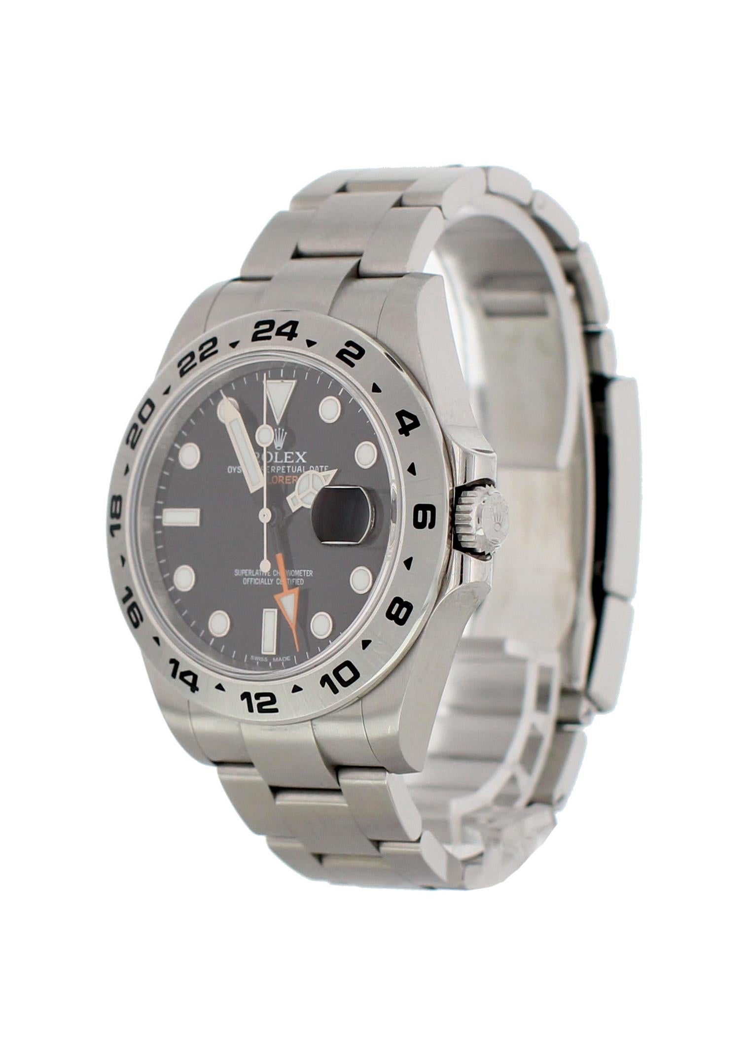 Rolex Explorer II 216570 Mens Watch. 
42mm Stainless Steel case. 
Stainless Steel Stationary bezel. 
Black dial.
Stainless Steel Oyster Bracelet with Flip-lock. 
Will fit up to a 7-inch wrist. 
Sapphire Crystal
Automatic self-winding movement.