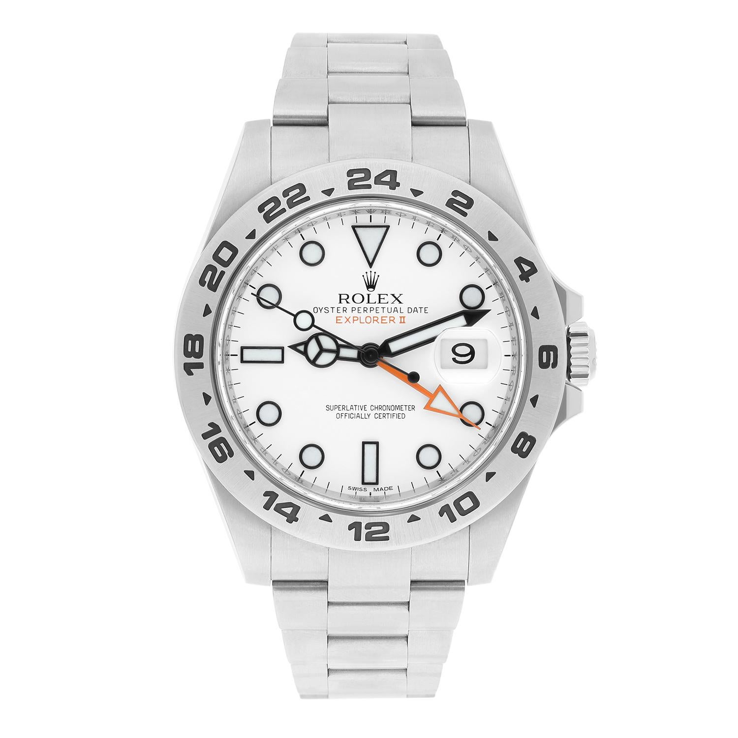 This Rolex Explorer II wristwatch is a true masterpiece that exudes luxury, class and style. With a 42mm round silver case, solid caseback, stainless steel bracelet and deployant closure, this watch is the perfect accessory for any occasion, be it