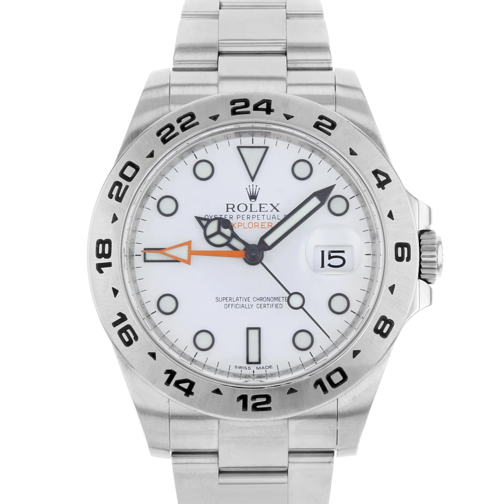 This pre-owned Rolex Explorer II 216570  is a beautiful men's timepiece that is powered by mechanical (automatic) movement which is cased in a stainless steel case. It has a round shape face, date indicator dial and has hand sticks & dots style