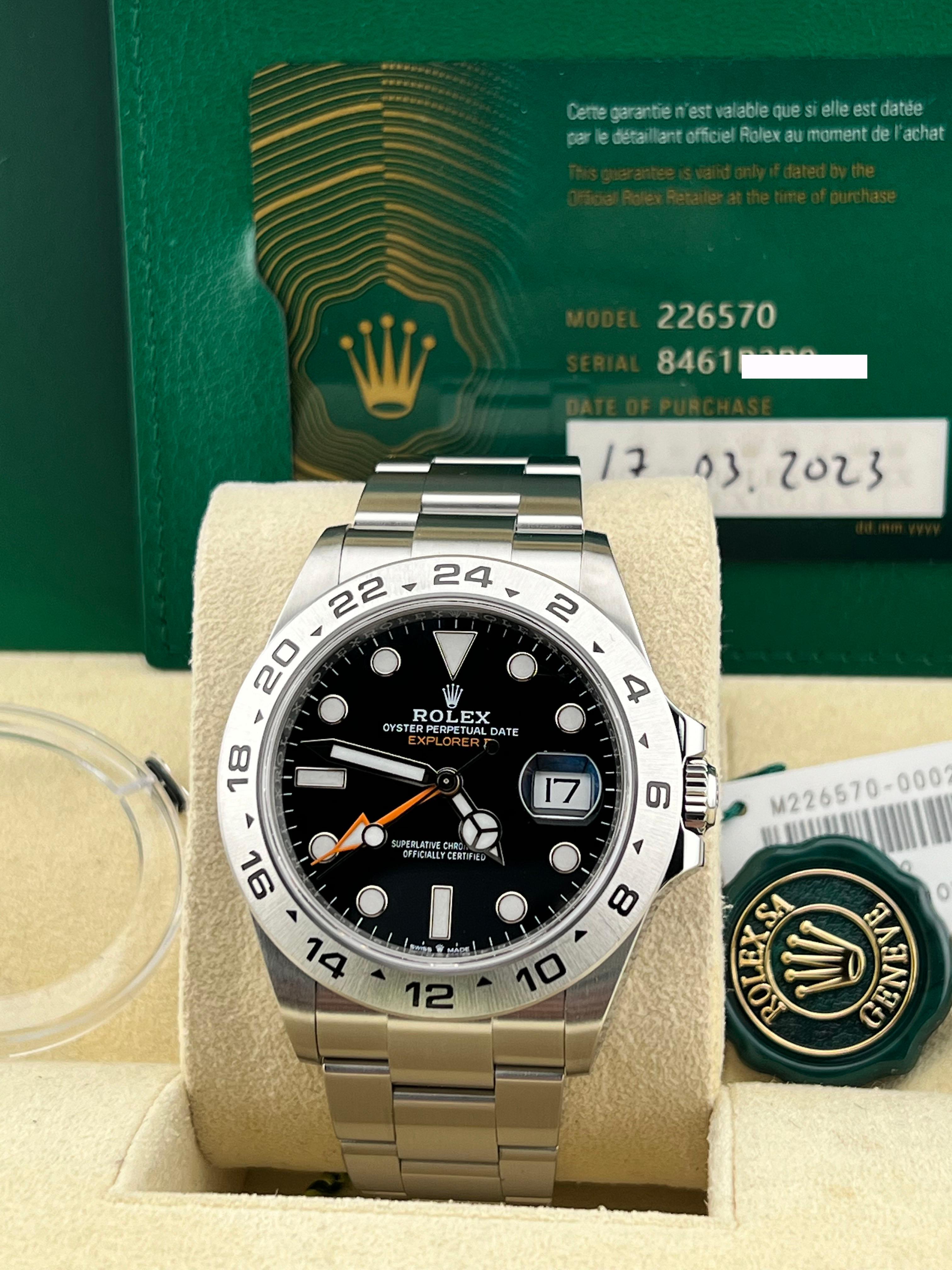 Style Number: 226570
Serial: 8461P***
Year: 2023
Model: Rolex Explorer II 
Case Material: Stainless Steel 
Band: Stainless Steel 
Bezel: Stainless Steel 
Dial: Black Dial 
Face: Sapphire Crystal 
Case Size: 42mm 
Includes: 
-Rolex Box &