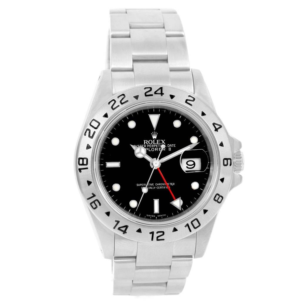 Rolex Explorer II 40 Black Dial Red Hand Automatic Mens Watch 16570. Officially certified chronometer automatic self-winding movement. Stainless steel case 40 mm in diameter. Rolex logo on a crown. Fixed stainless steel bezel. Scratch resistant