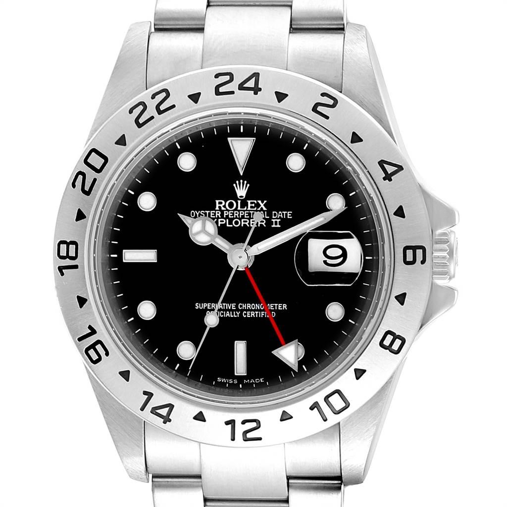 Rolex Explorer II 40mm Black Dial Parachrom Hairspring Mens Watch 16570. Officially certified chronometer self-winding movement with new Parachrom Blue hairspring. Stainless steel case 40.0 mm in diameter. Rolex logo on a crown. Stainless steel