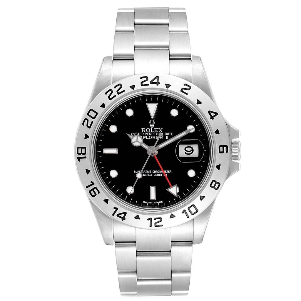 Rolex Explorer II 40mm Black Dial Parachrom Hairspring Mens Watch 16570. Officially certified chronometer self-winding movement with new Parachrom Blue hairspring. Stainless steel case 40.0 mm in diameter. Rolex logo on a crown. Stainless steel