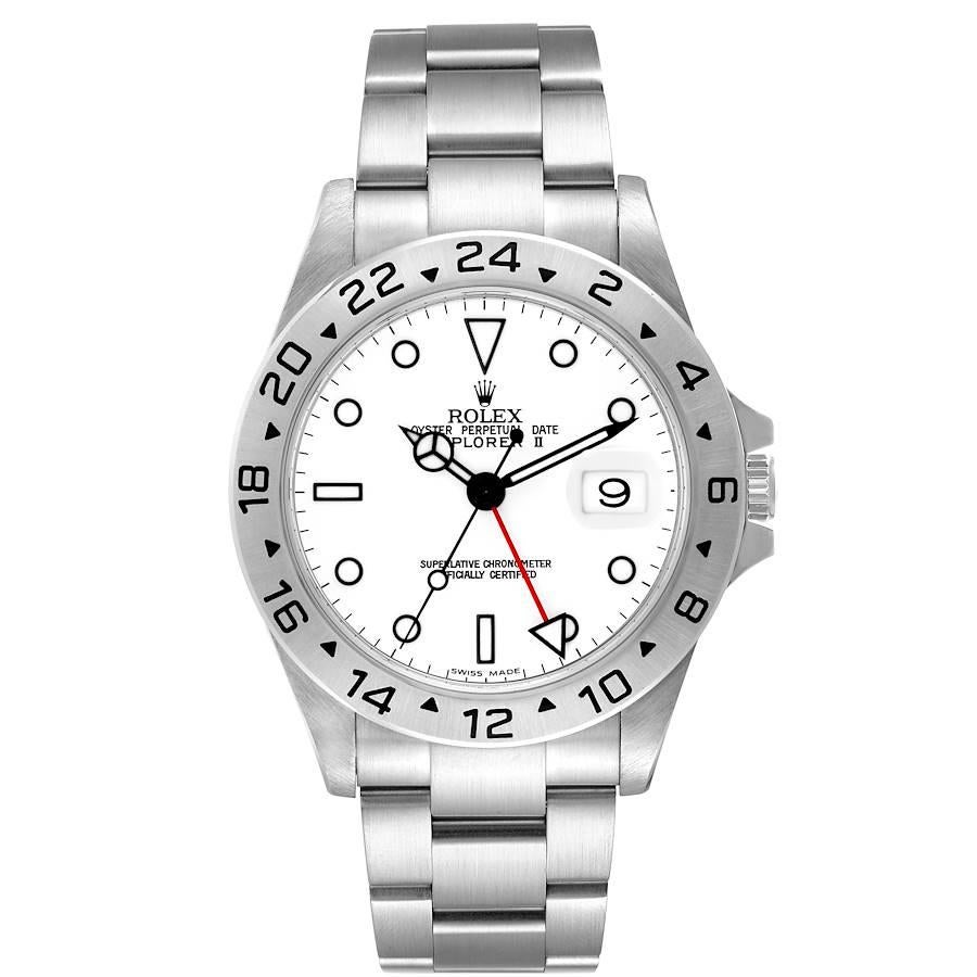 Rolex Explorer II 40mm Polar White Dial Steel Mens Watch 16570 Box Papers. Officially certified chronometer automatic self-winding movement. Stainless steel case 40.0 mm in diameter. Rolex logo on the crown. Stainless steel bezel with engraved 24