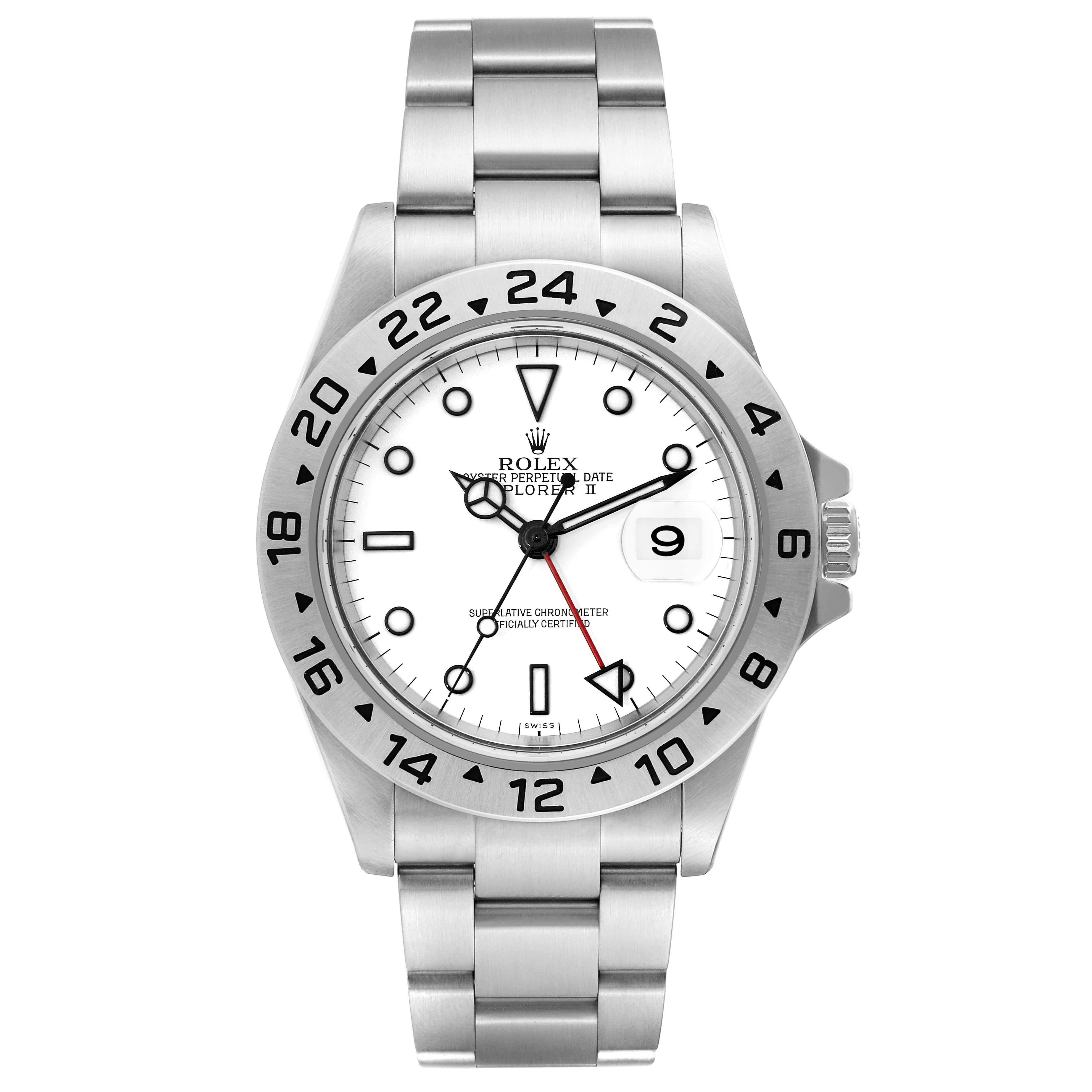 Rolex Explorer II 40mm Polar White Dial Steel Mens Watch 16570 Box Papers. Officially certified chronometer automatic self-winding movement. Stainless steel case 40.0 mm in diameter. Rolex logo on the crown. Stainless steel bezel with engraved 24