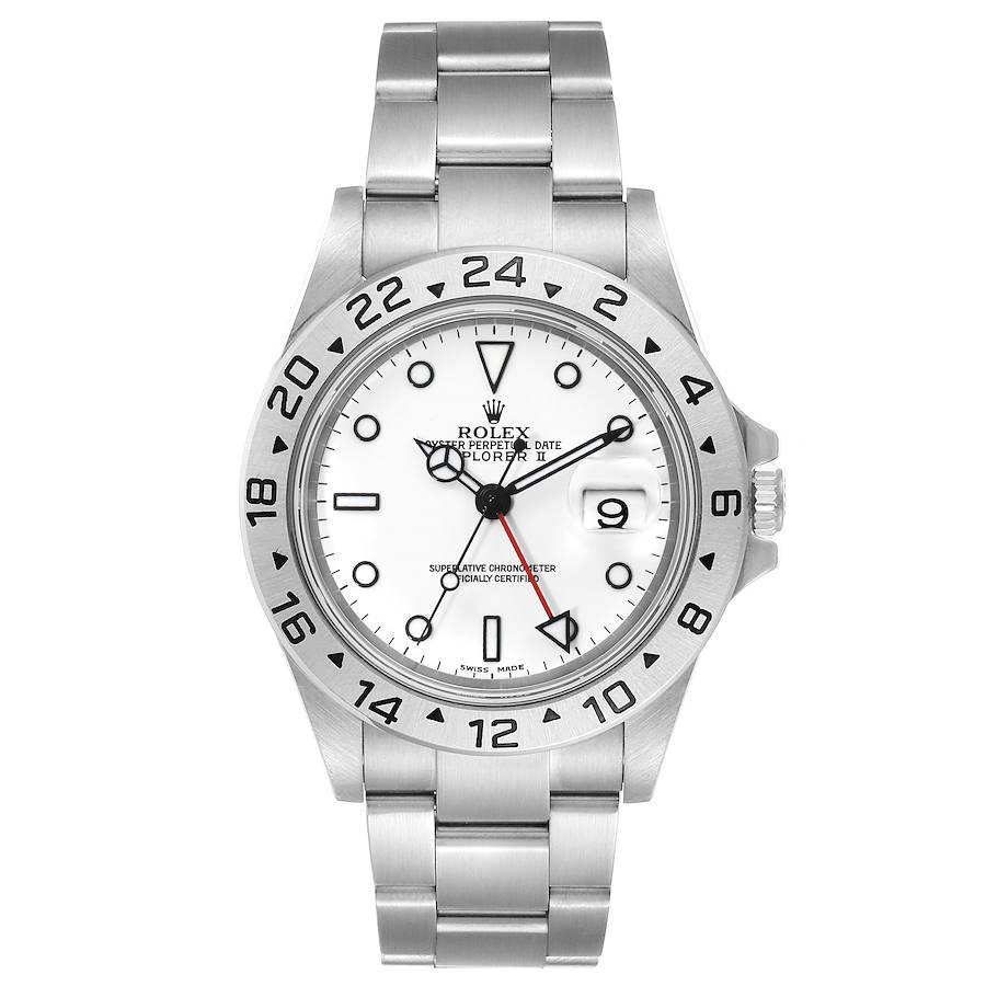 Rolex Explorer II 40mm White Dial Steel Mens Watch 16570 Box Papers. Officially certified chronometer self-winding movement. Stainless steel case 40.0 mm in diameter. Rolex logo on a crown. Stainless steel bezel. Scratch resistant sapphire crystal