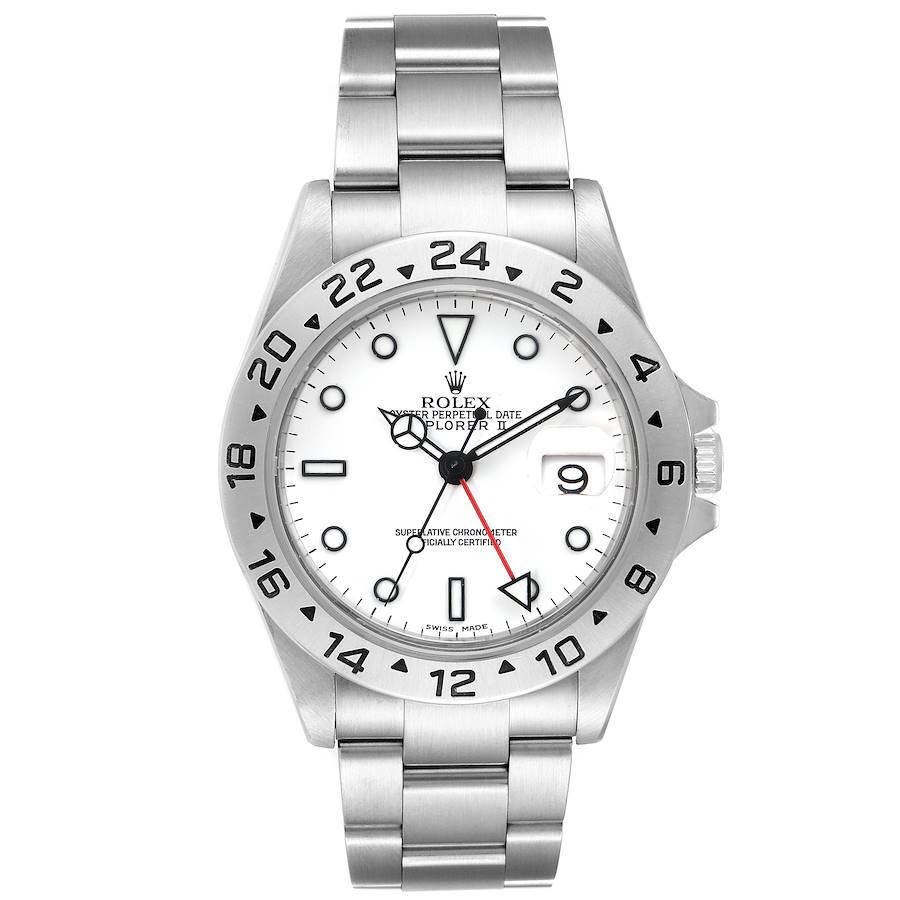 Rolex Explorer II 40mm White Dial Steel Mens Watch 16570 Box Papers. Officially certified chronometer self-winding movement. Stainless steel case 40.0 mm in diameter. Rolex logo on a crown. Stainless steel bezel. Scratch resistant sapphire crystal