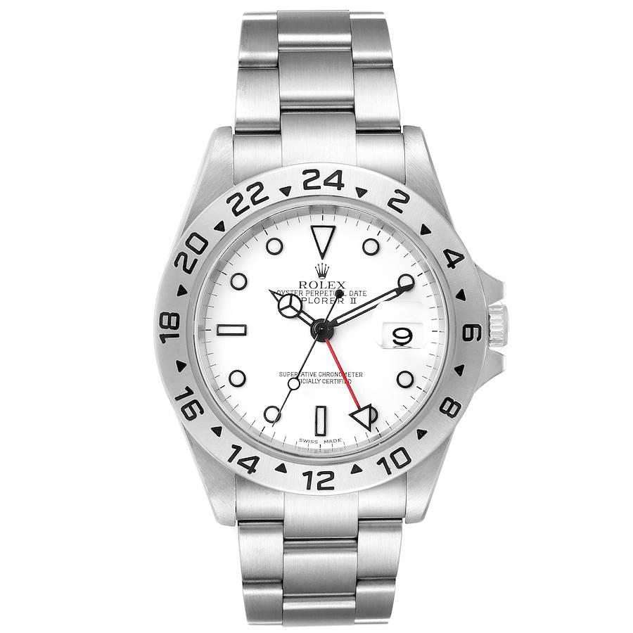 Rolex Explorer II 40mm White Dial Steel Mens Watch 16570. Officially certified chronometer self-winding movement. Stainless steel case 40.0 mm in diameter. Rolex logo on a crown. Stainless steel bezel. Scratch resistant sapphire crystal with cyclops