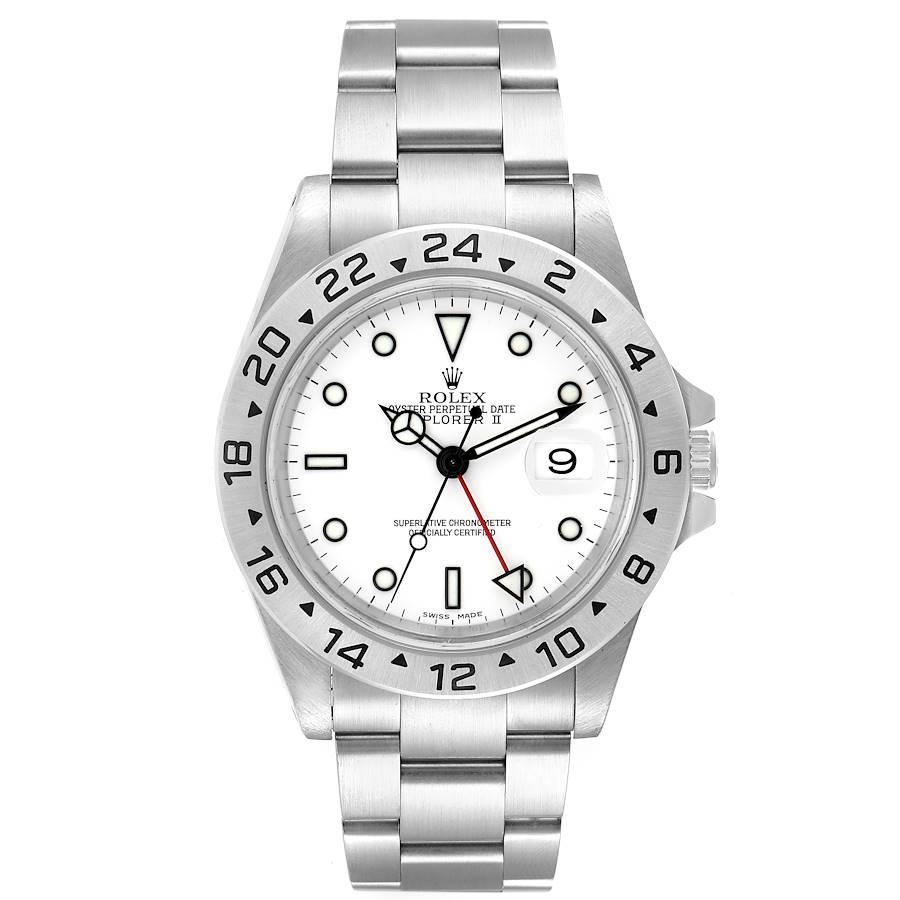 Rolex Explorer II 40mm weißes Zifferblatt Stahl Herrenuhr 16570. Offiziell zertifiziertes Chronometerwerk mit automatischem Aufzug. Gehäuse aus rostfreiem Stahl mit einem Durchmesser von 40,0 mm. Rolex-Logo auf einer Krone. Lünette aus rostfreiem