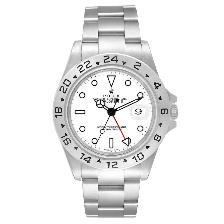Rolex Explorer II 40mm White Dial Steel Mens Watch 16570. Officially certified chronometer self-winding movement. Stainless steel case 40.0 mm in diameter. Rolex logo on a crown. Stainless steel bezel. Scratch resistant sapphire crystal with cyclops
