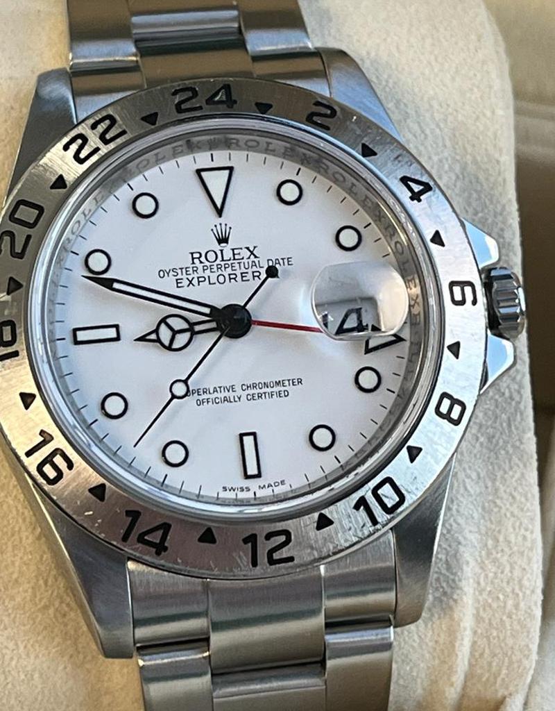 Modernist Rolex Explorer II 40mm White Polar Dial Stainless Steel Oyster Mens Watch 16570 For Sale